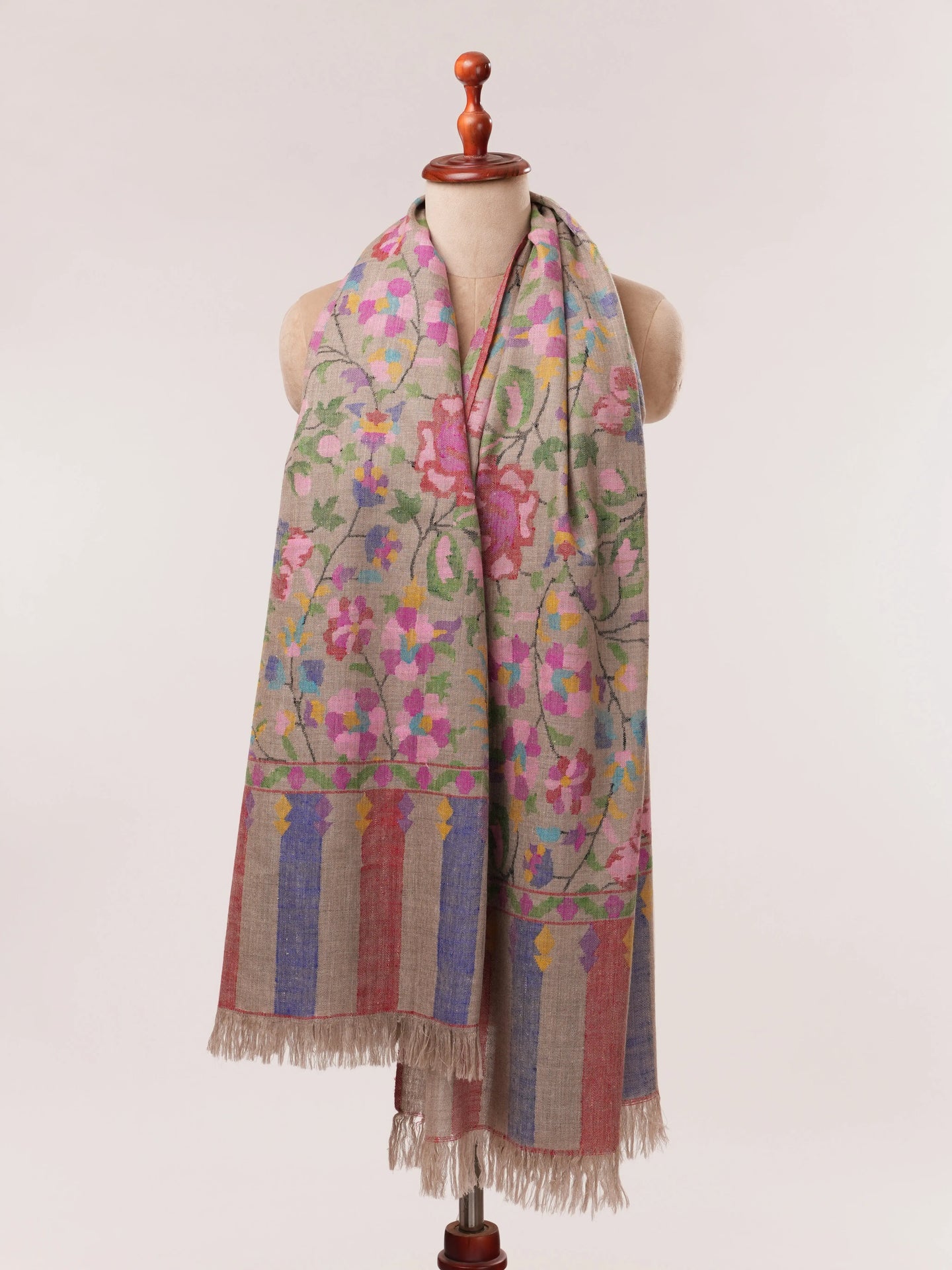 Natural Taupe Pure Kani Floral Pashmina Shawl Shahkaar.com