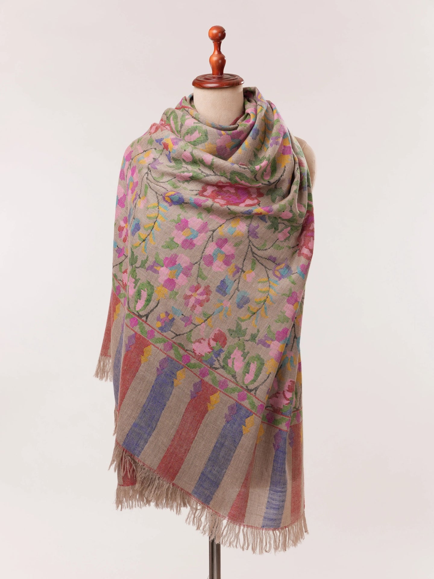 Natural Taupe Pure Kani Floral Pashmina Shawl Shahkaar.com