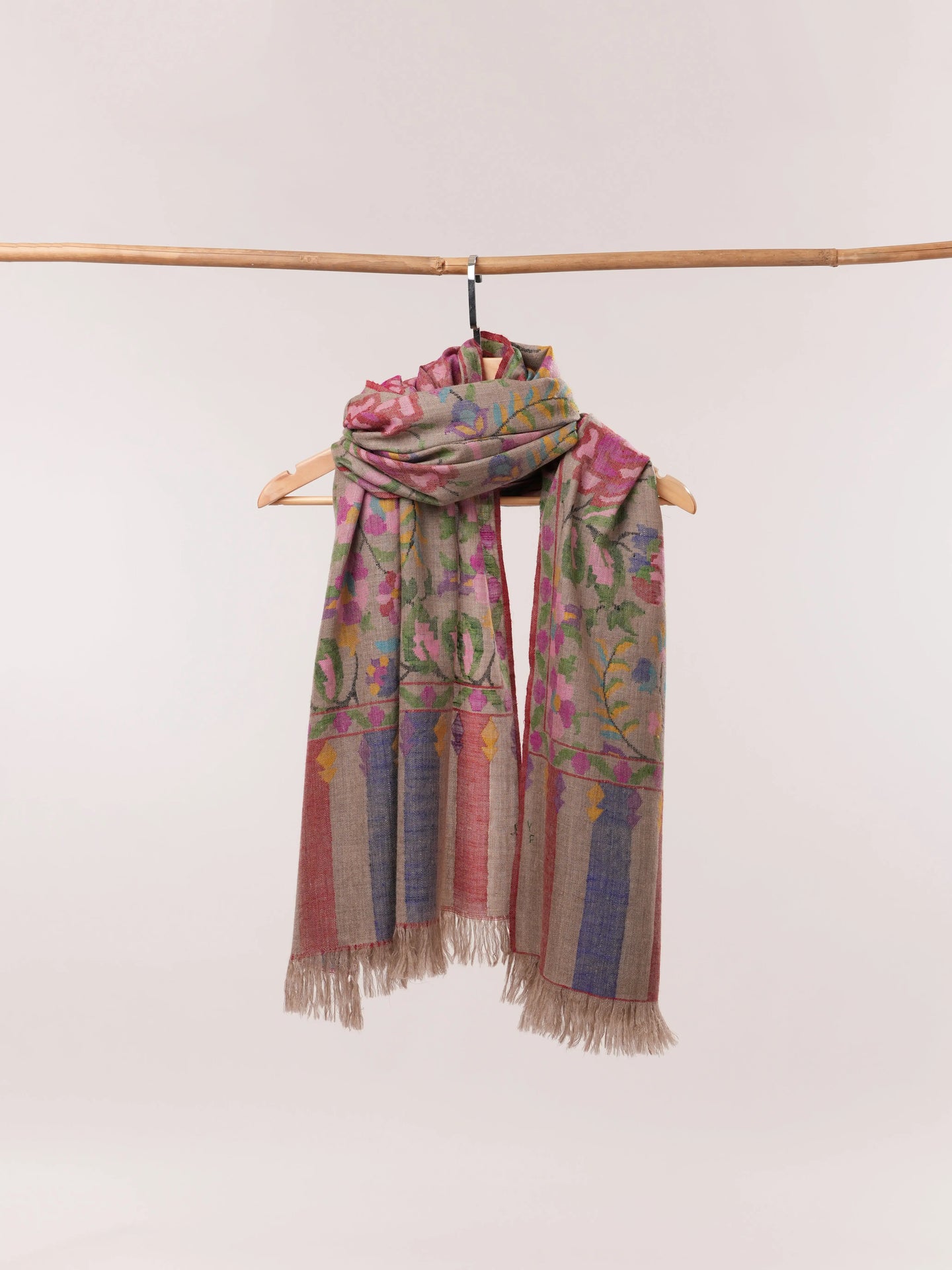 Natural Taupe Pure Kani Floral Pashmina Shawl Shahkaar.com