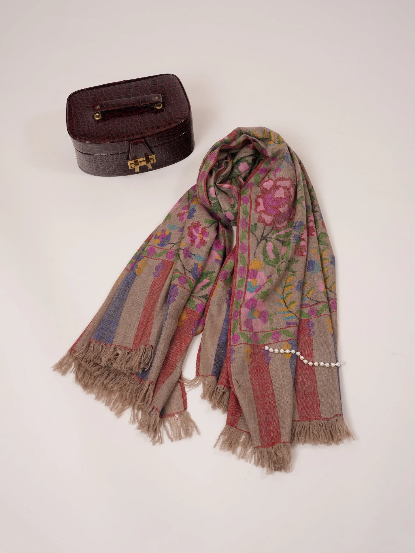 Natural Taupe Pure Kani Floral Pashmina Shawl Shahkaar.com