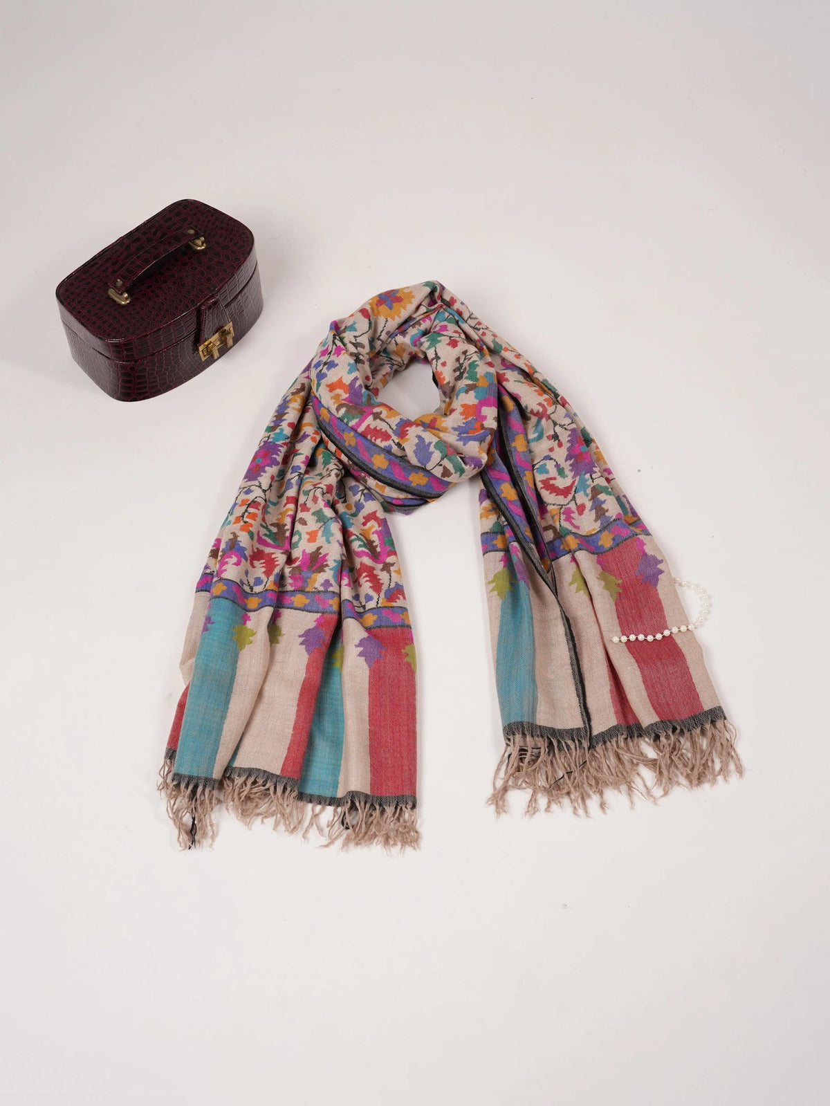 Handwoven Light Beige Oversized Kashmiri Kani Pashmina Shawl