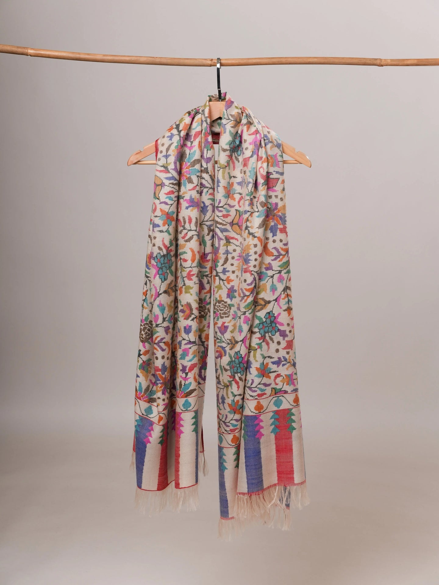 Ivory Floral Handwoven Kani Pashmina Jamavar Shawl Shahkaar Global
