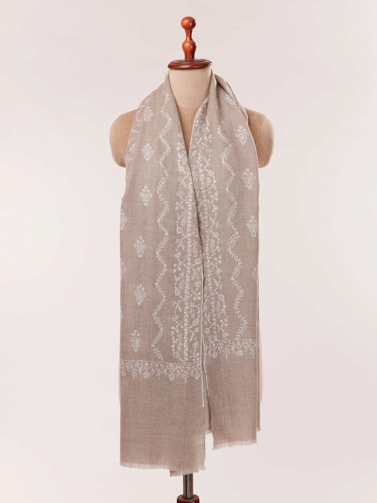 Natural Taupe Cashmere Scarf with White Jali Embroidery Shahkaar.com