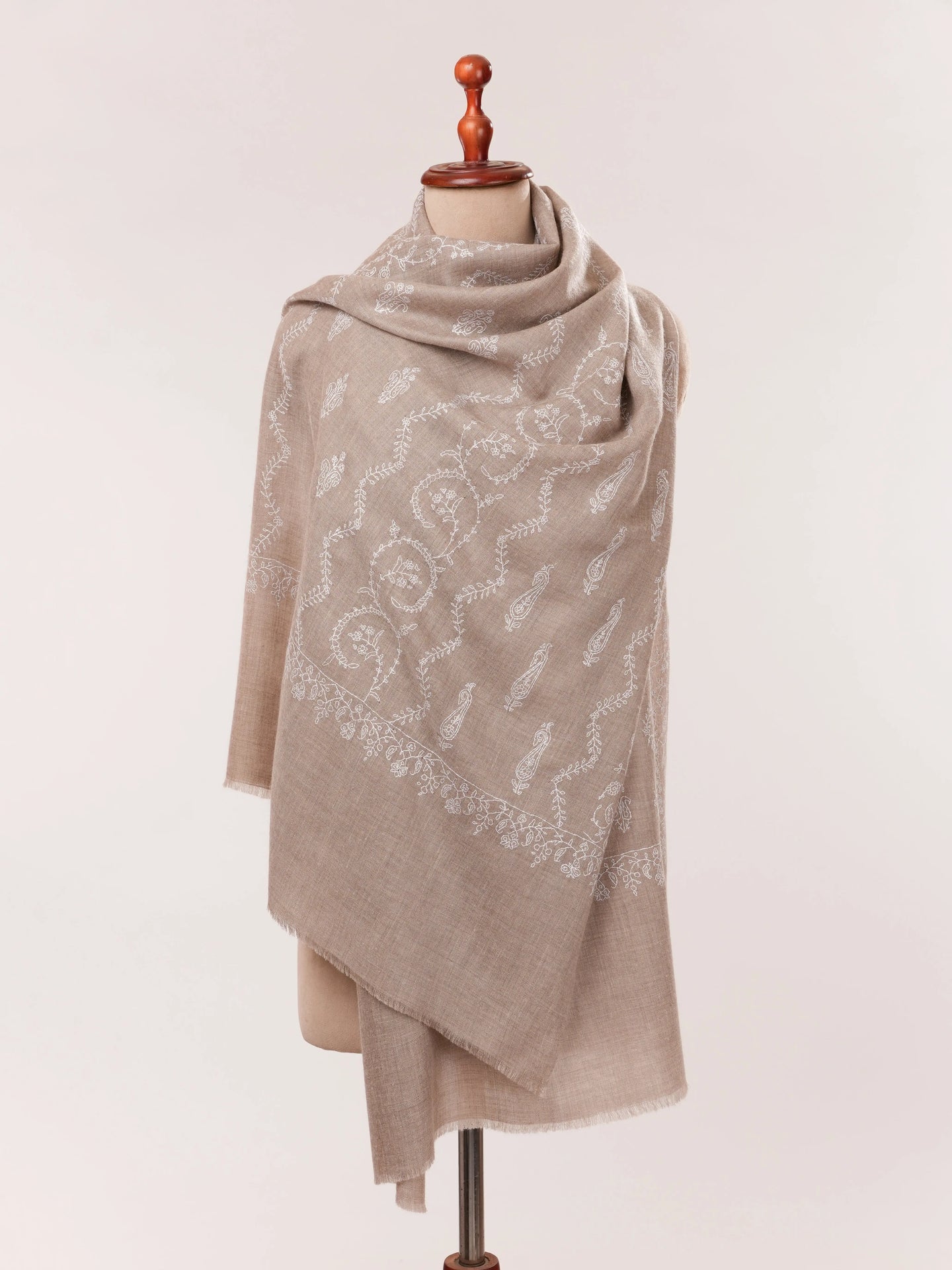 Natural Taupe Cashmere Scarf with White Jali Embroidery Shahkaar.com