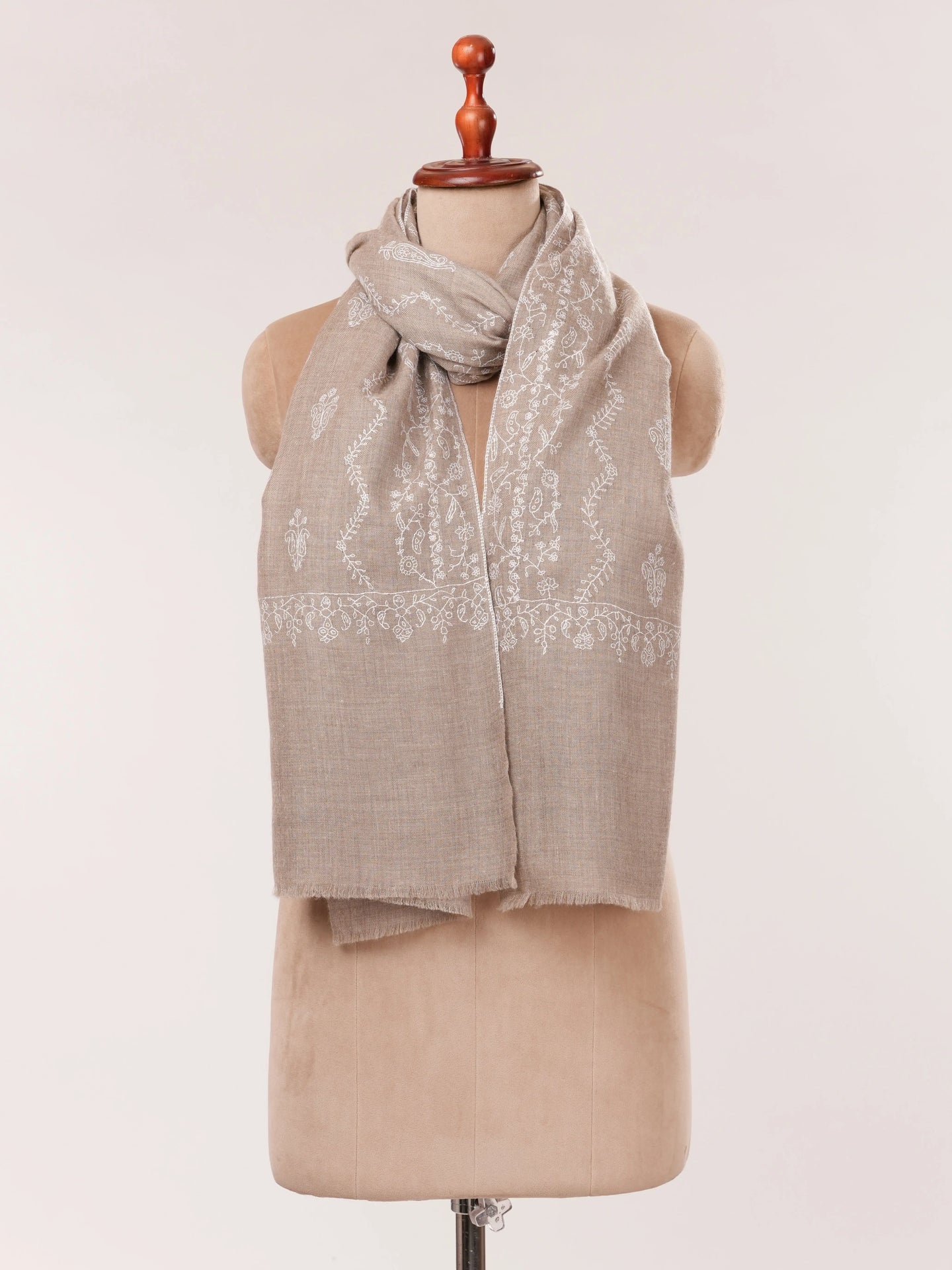 Natural Taupe Cashmere Scarf with White Jali Embroidery Shahkaar.com