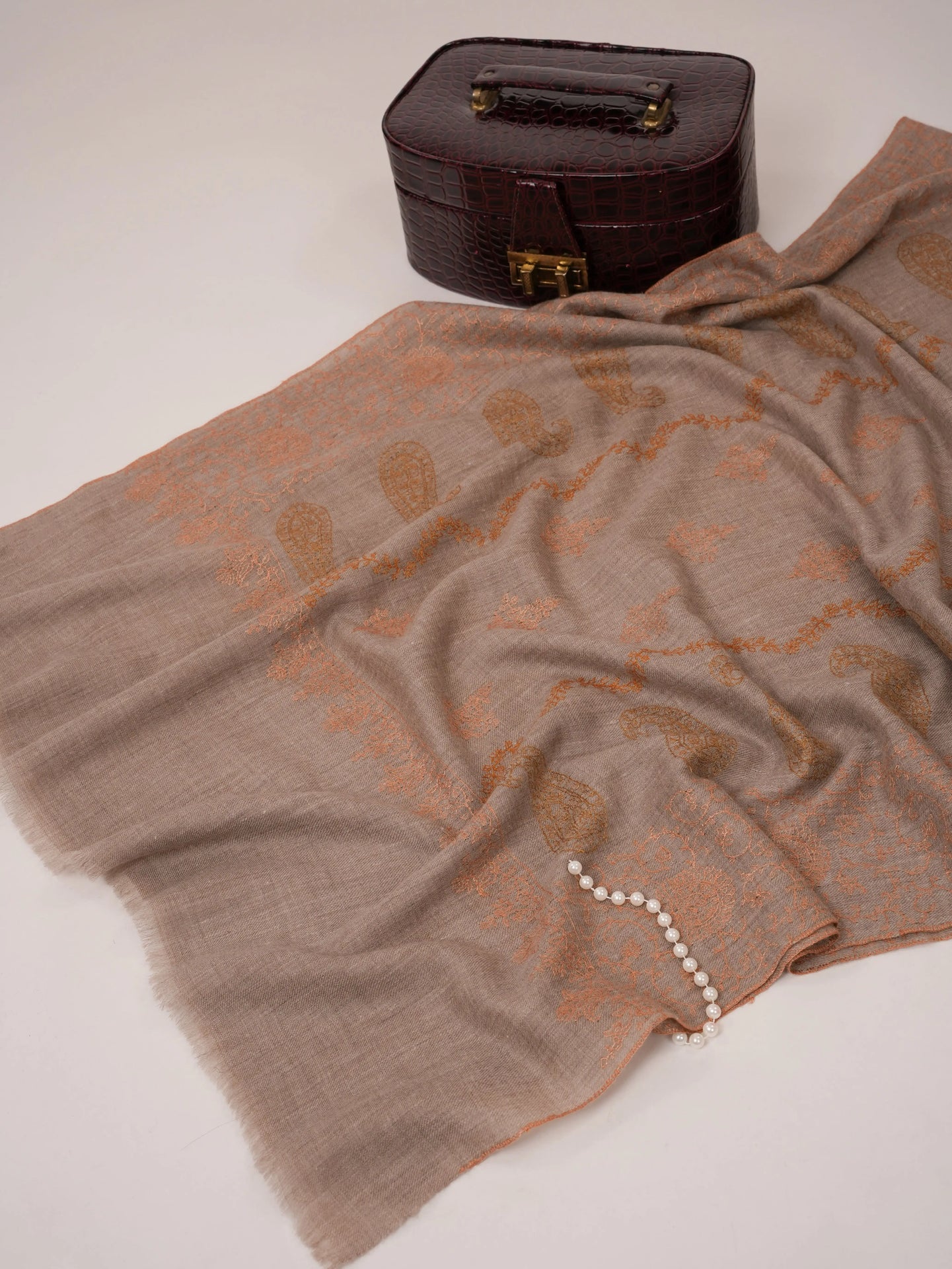 Natural Grey Cashmere Scarf with Hand Embroidery Shahkaar.com