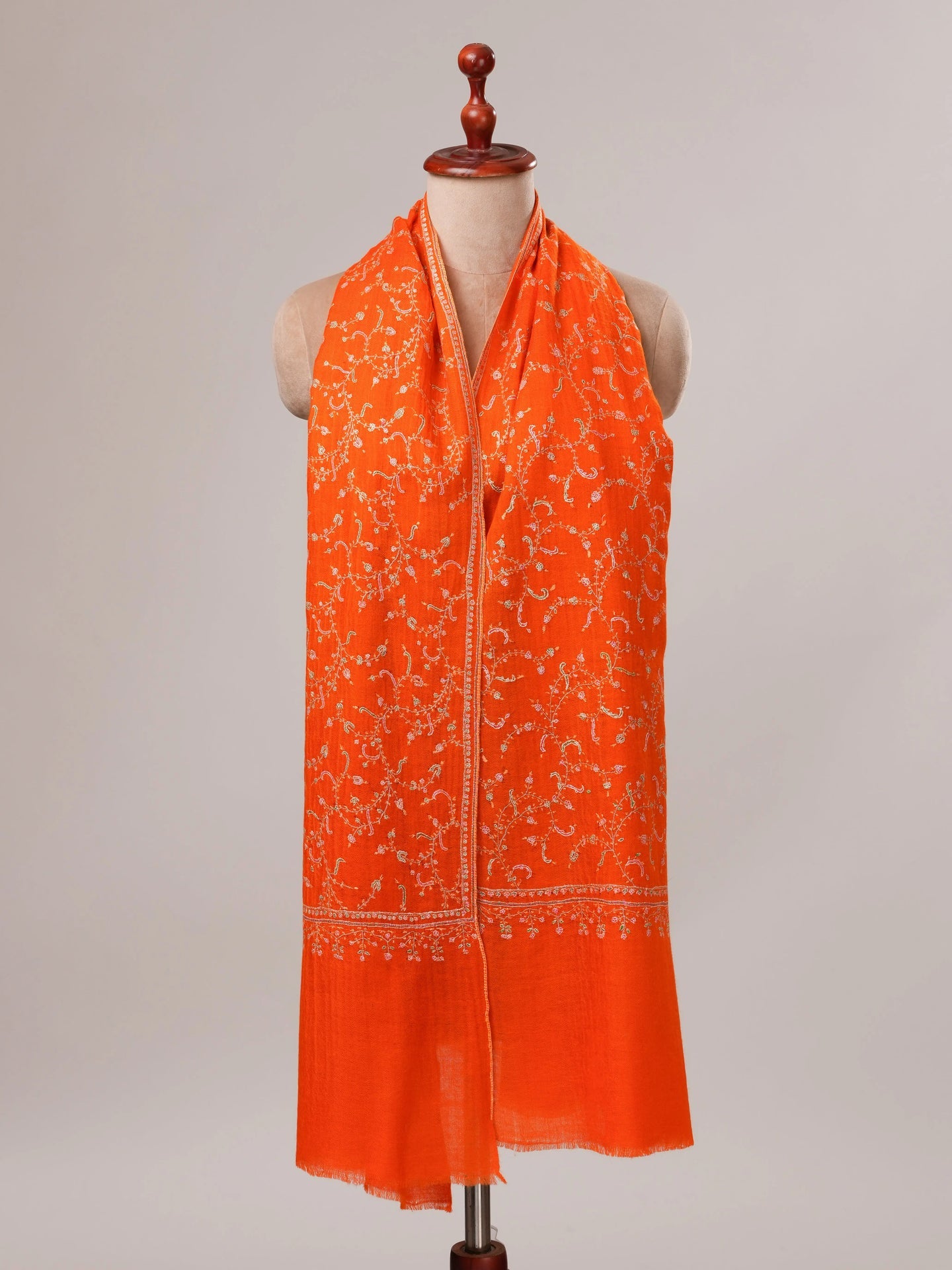 Orange Cashmere Scarf with All Over Hand Embroidery Shahkaar.com