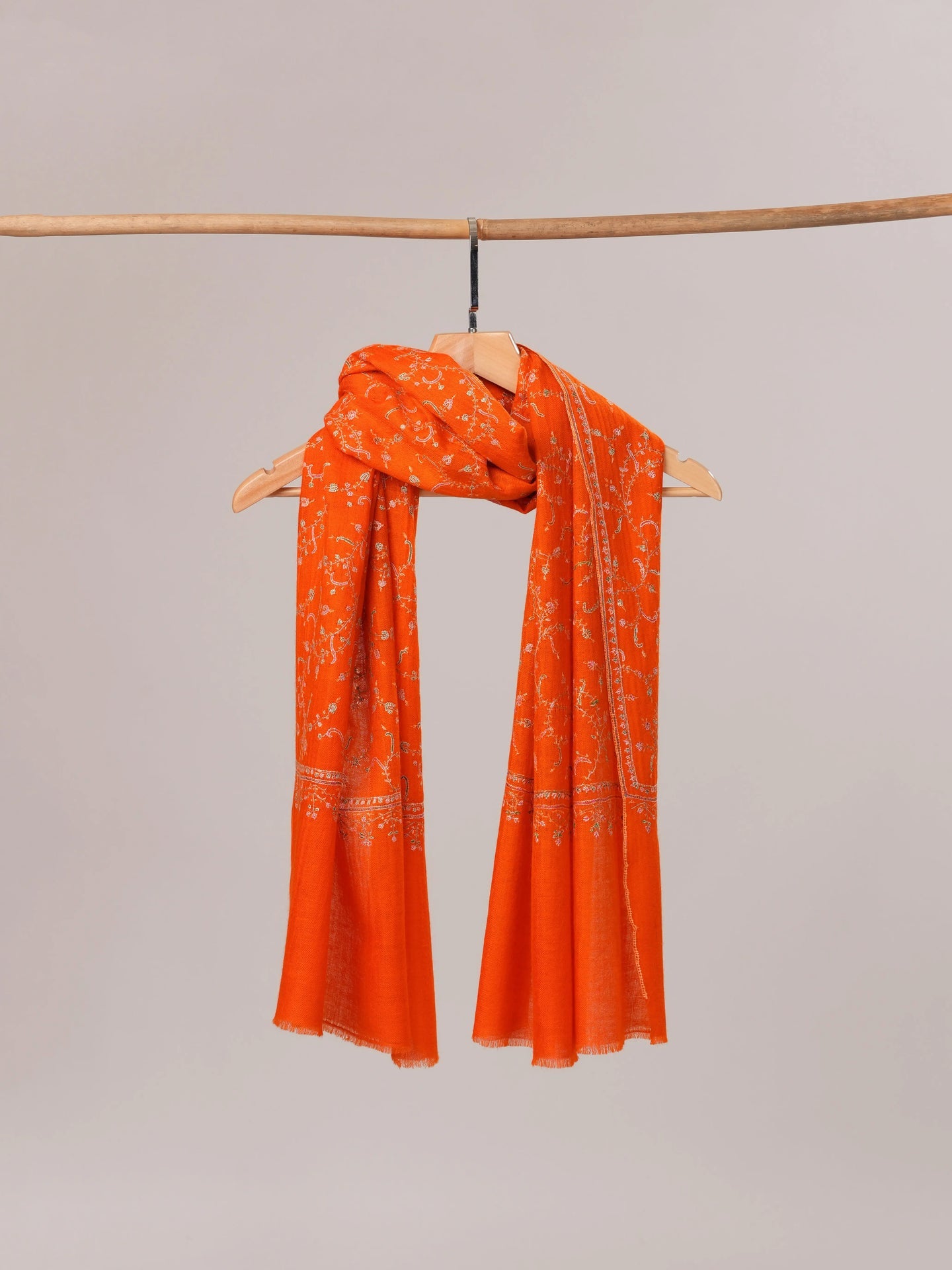 Orange Cashmere Scarf with All Over Hand Embroidery Shahkaar.com