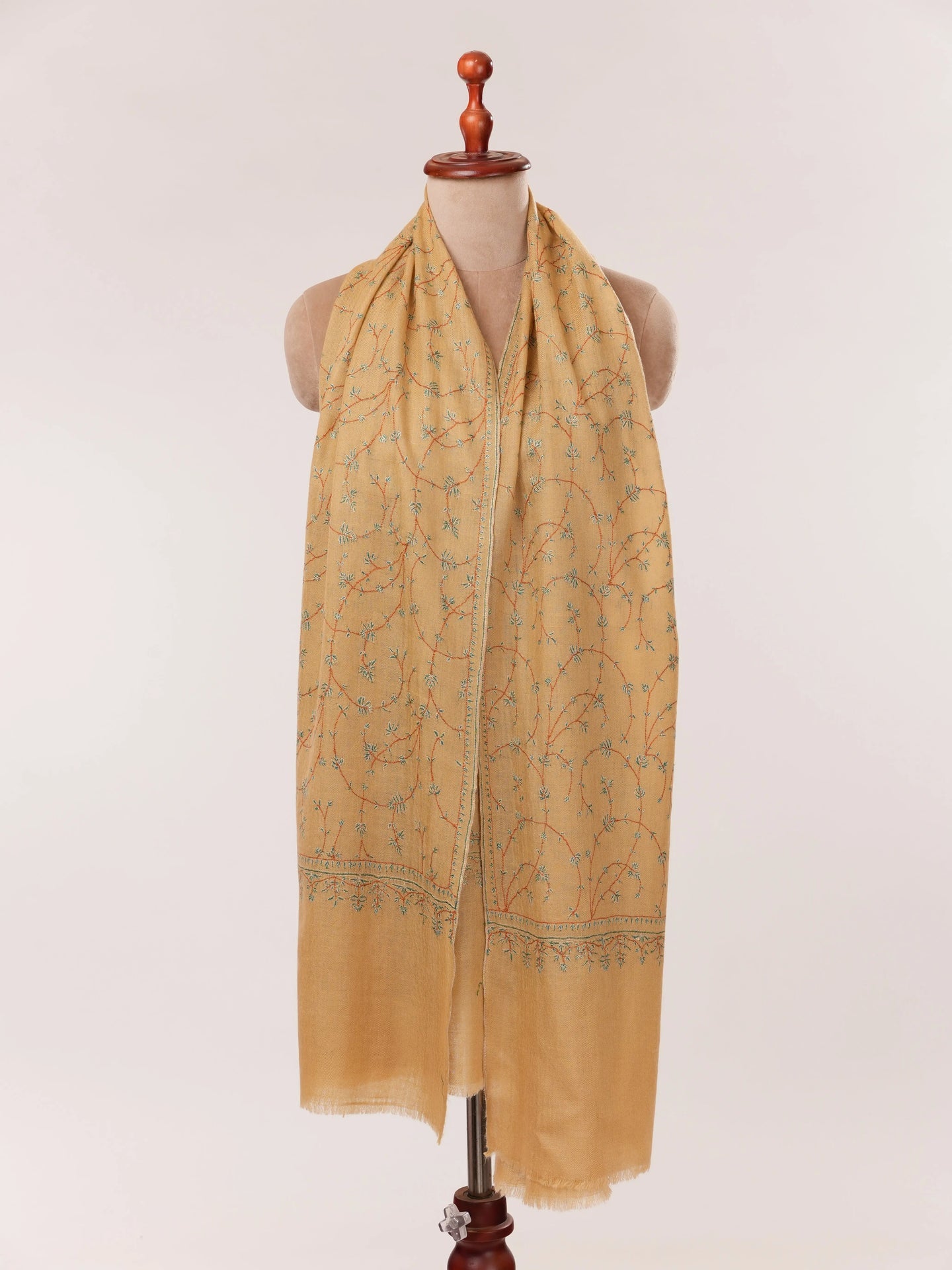 Tan Hand Embroidered Jali Baby Soft Cashmere Scarf Shahkaar.com