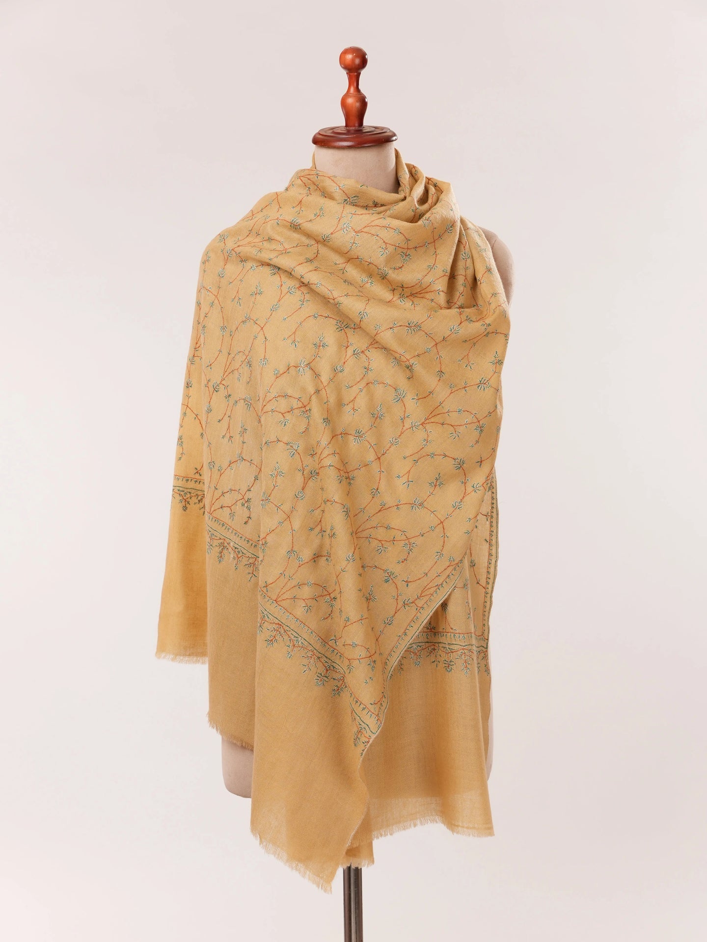 Tan Hand Embroidered Jali Baby Soft Cashmere Scarf Shahkaar.com