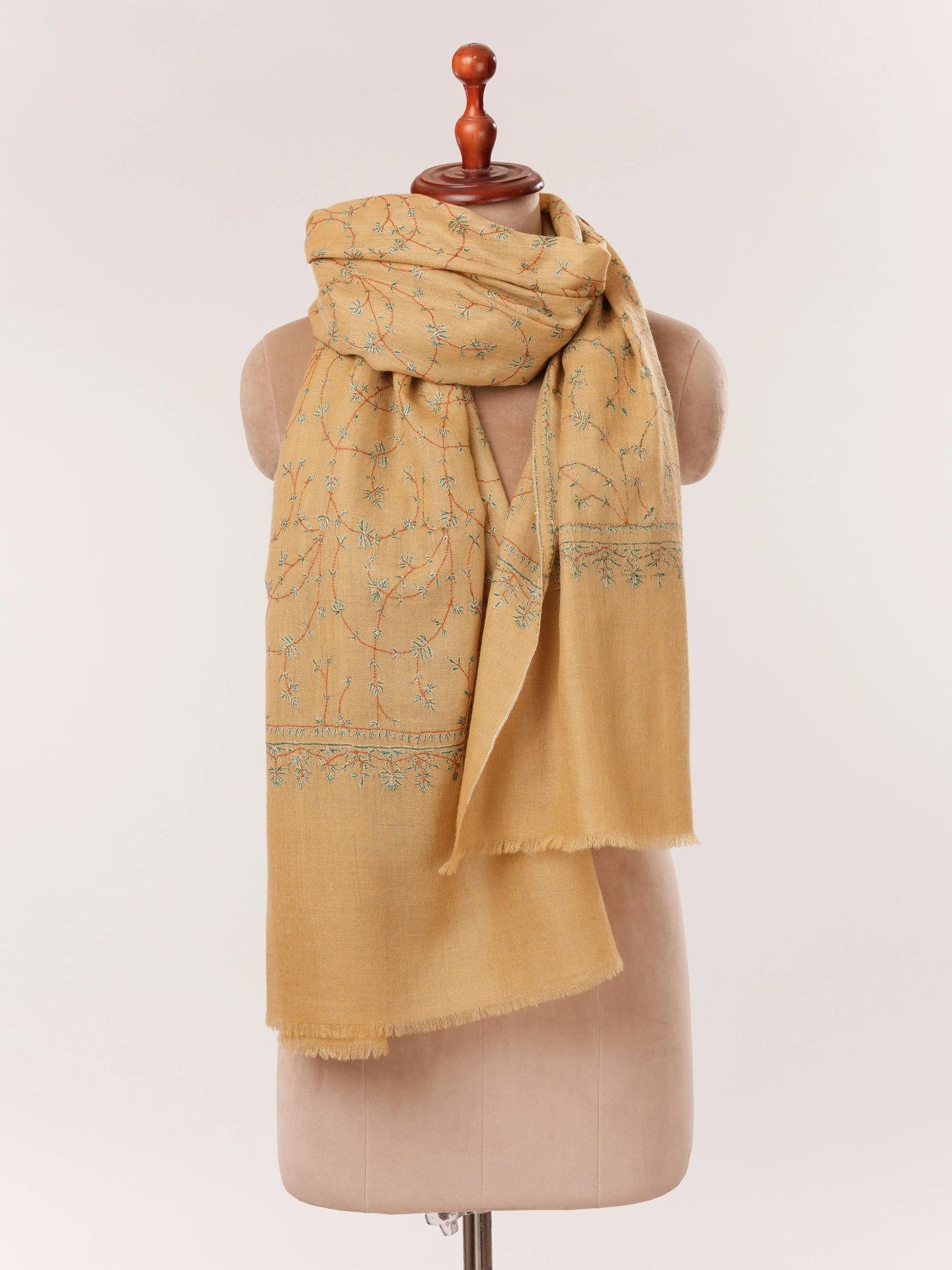 Tan Hand Embroidered Jali Baby Soft Cashmere Scarf Shahkaar.com