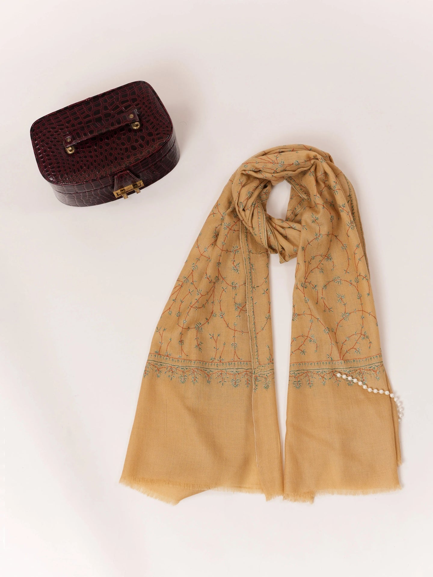 Tan Hand Embroidered Jali Baby Soft Cashmere Scarf Shahkaar.com