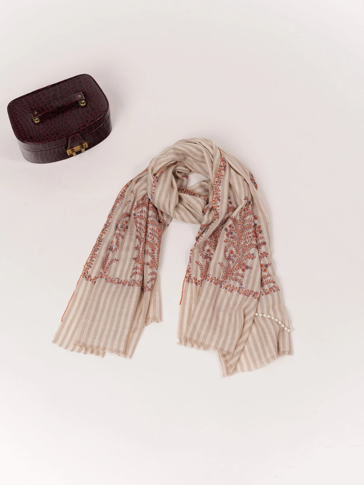 Pure Handwoven Pashmina Shawl in Stripe with Hand Palldar Embroidery Shahkaar.com
