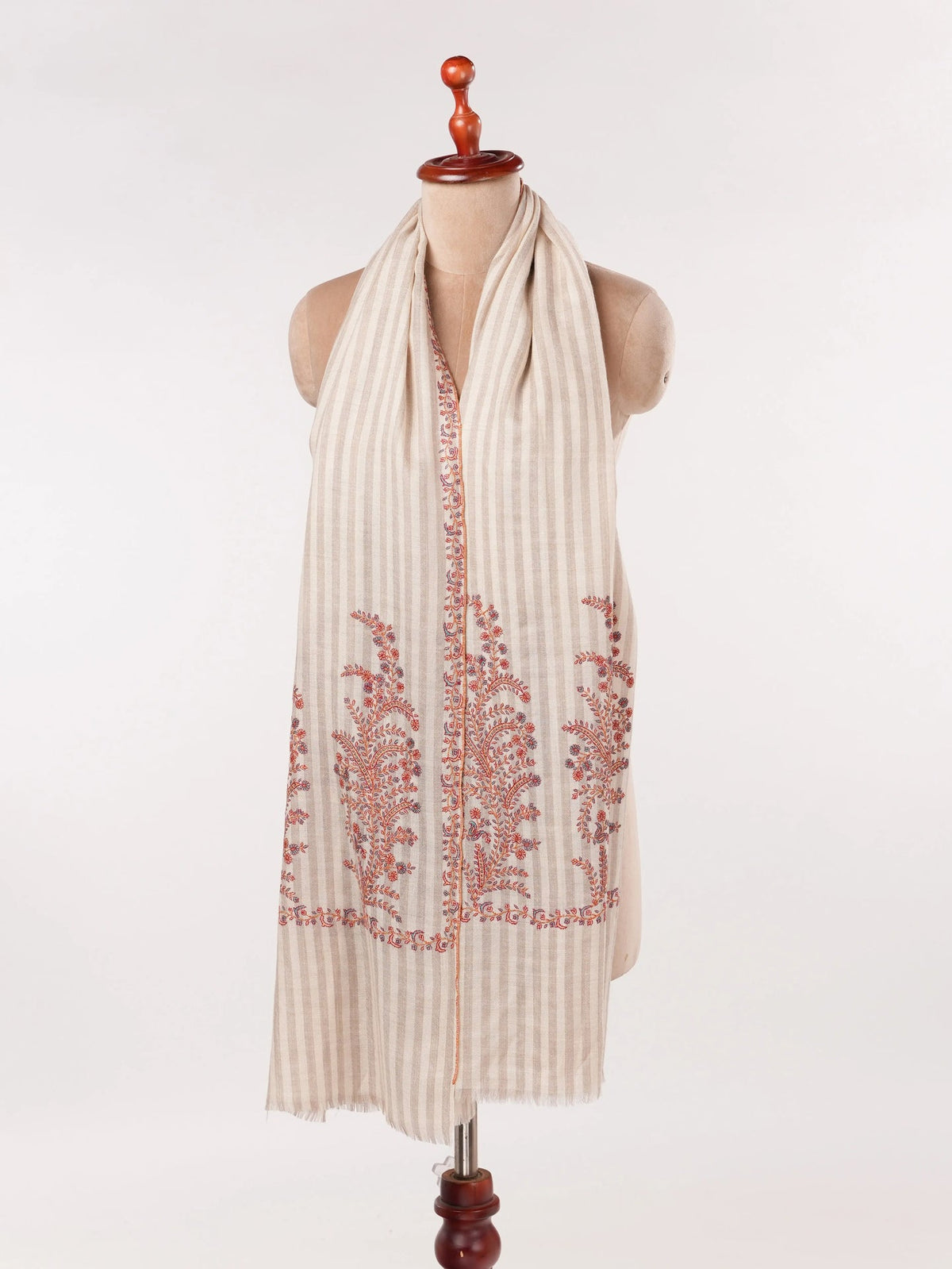 Pure Handwoven Pashmina Shawl in Stripe with Hand Palldar Embroidery Shahkaar.com