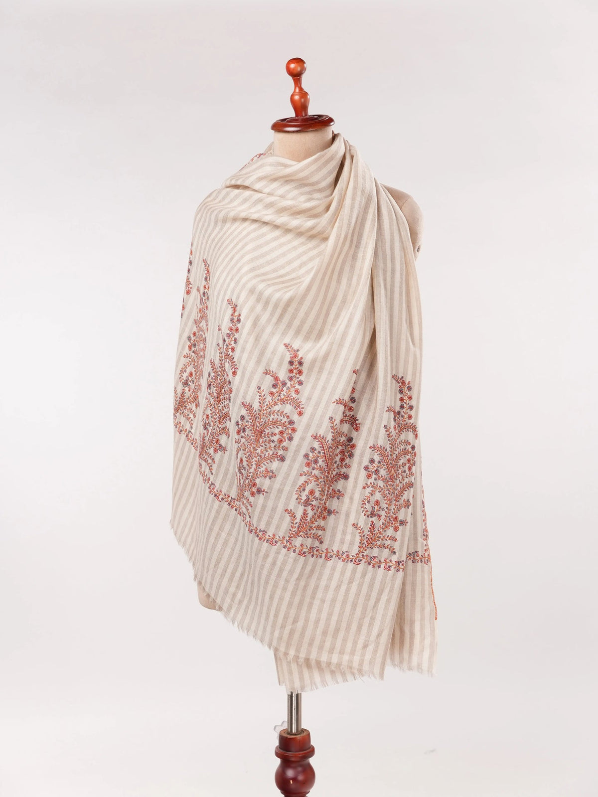 Pure Handwoven Pashmina Shawl in Stripe with Hand Palldar Embroidery Shahkaar.com