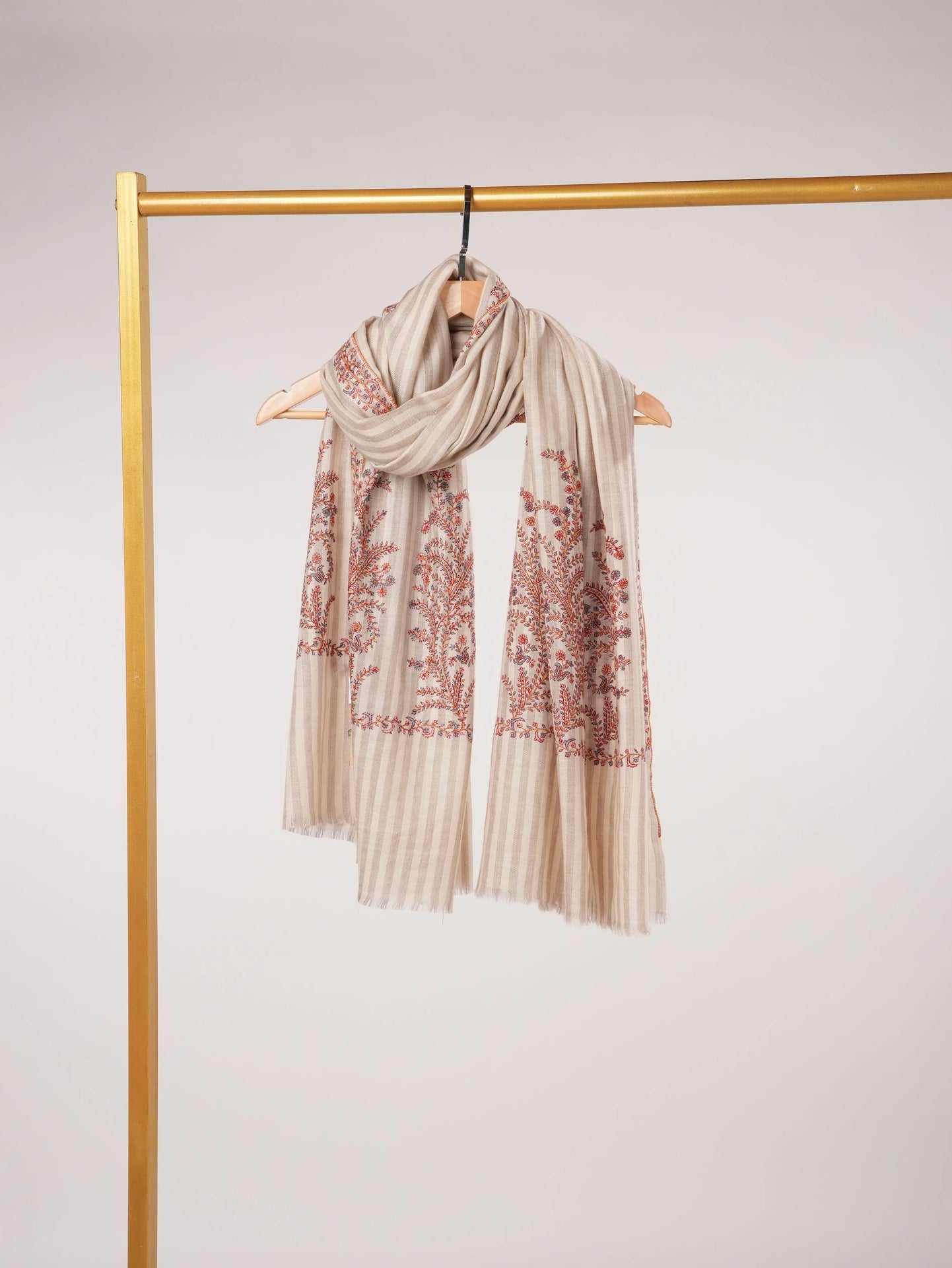 Pure Handwoven Pashmina Shawl in Stripe with Hand Palldar Embroidery Shahkaar.com