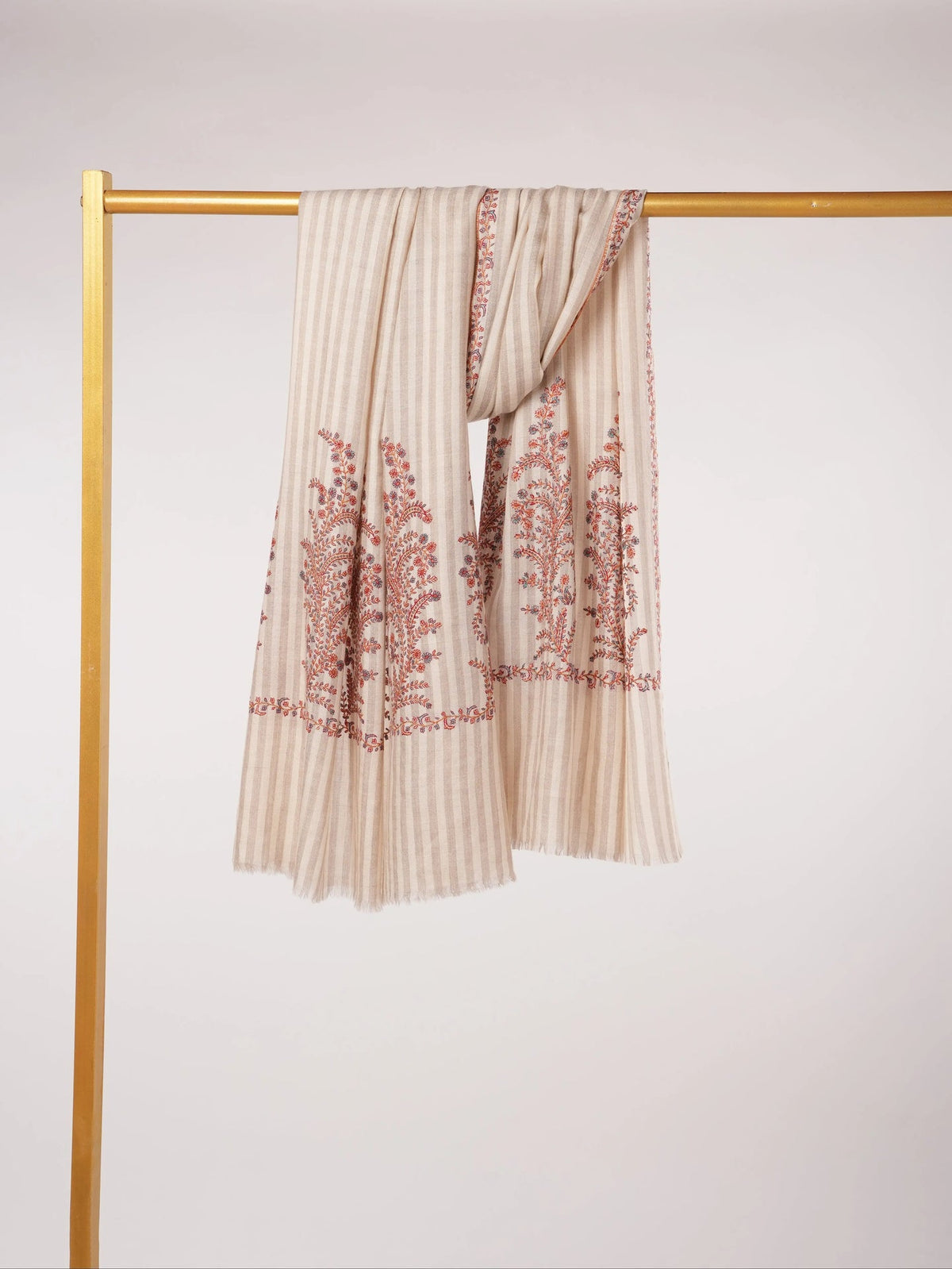 Pure Handwoven Pashmina Shawl in Stripe with Hand Palldar Embroidery Shahkaar.com