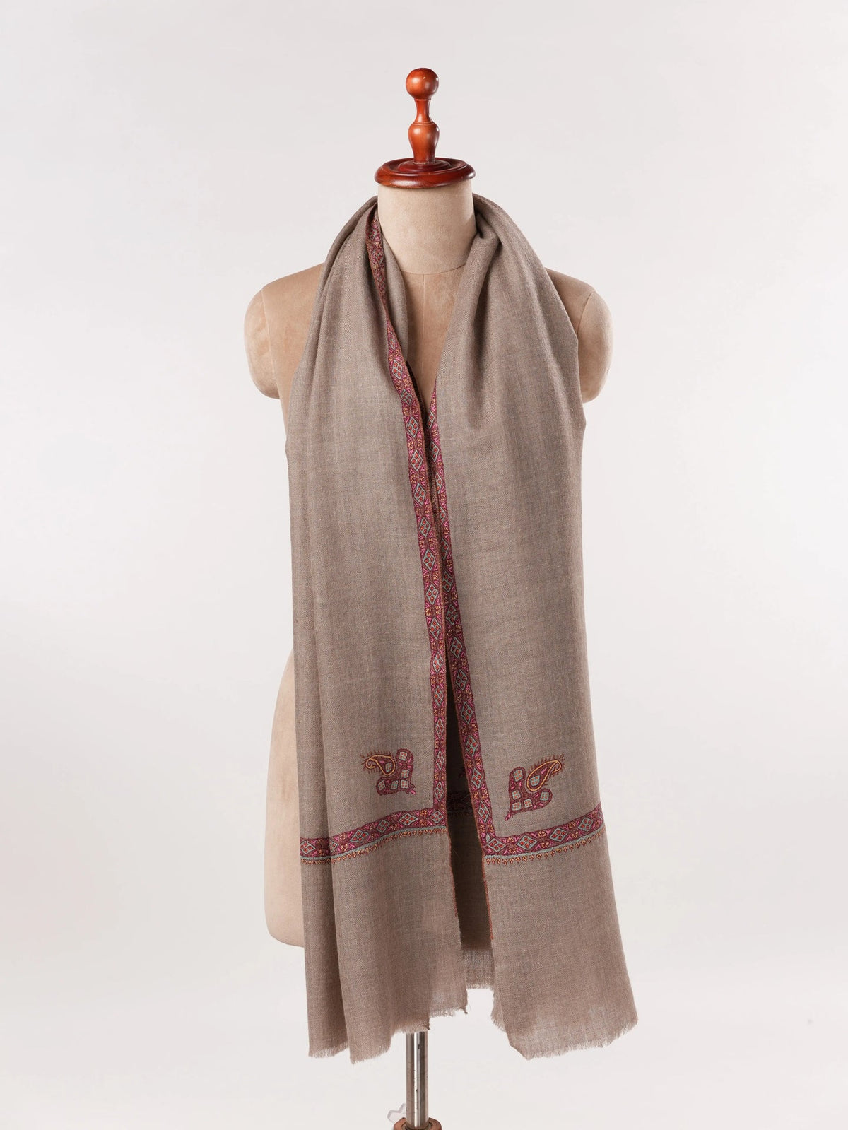 Handwoven Natural Beige Genuine Cashmere Scarf with Sozni Hashia Embroidery