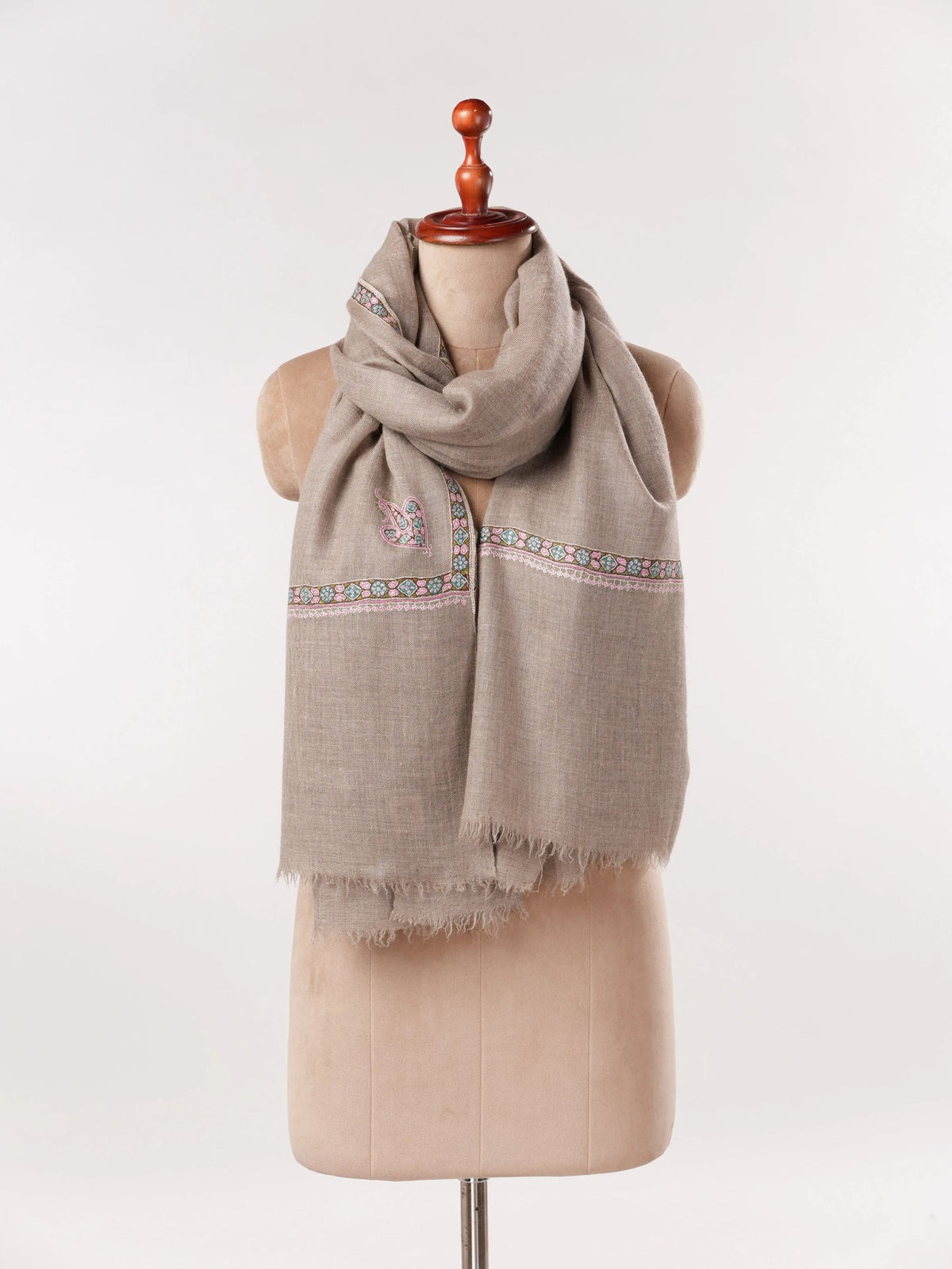Hashidar Sozni Embroidered Beige Authentic Pashmina Shawl