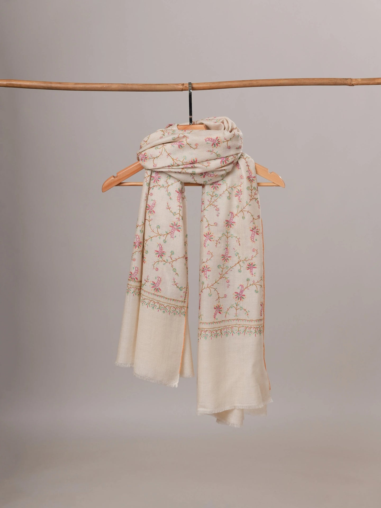 Ivory Floral Hand Embroidered Jali Kashmiri Pashmina Shawl Shahkaar Global