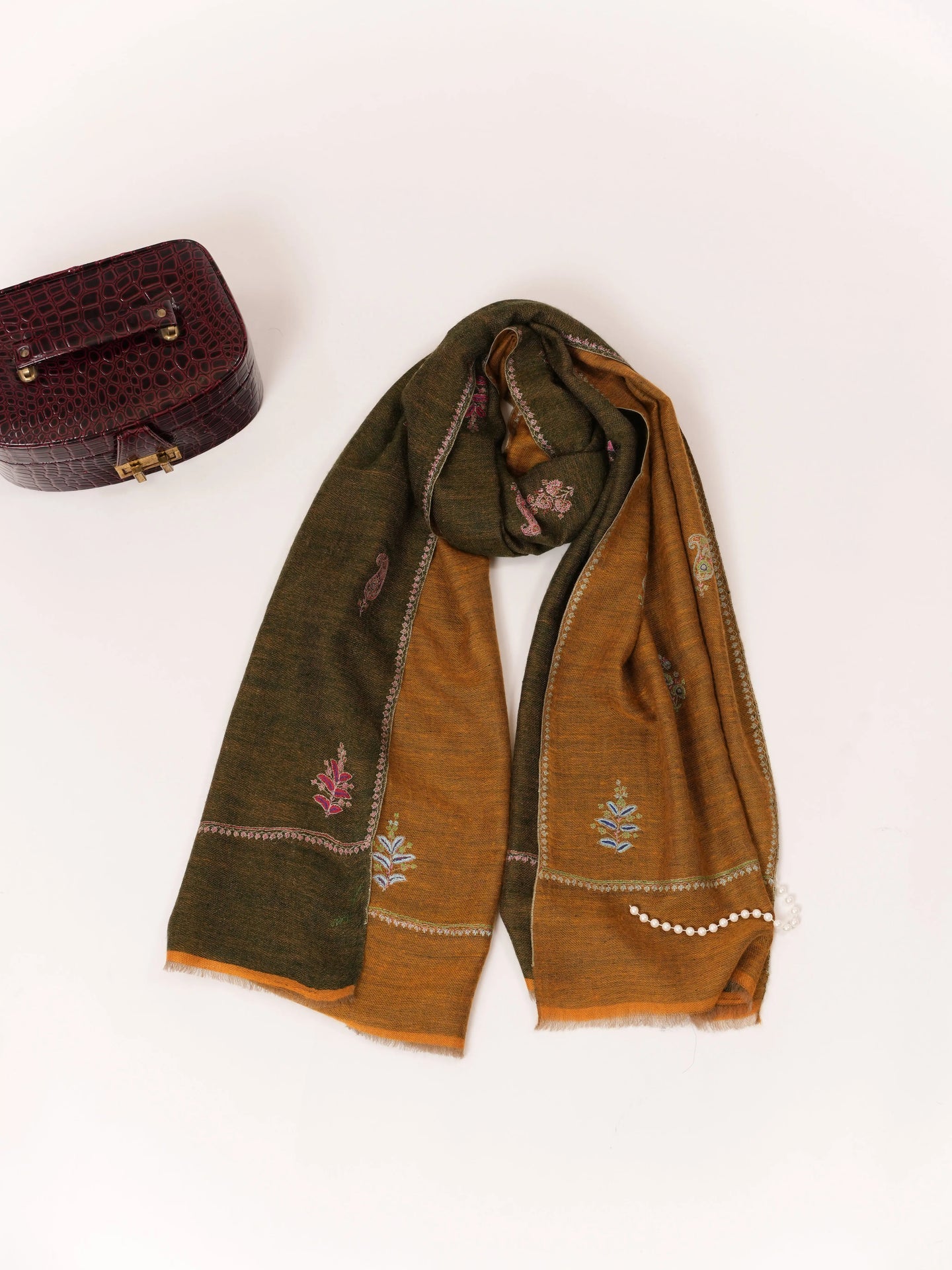 Dual Tone Mustard & Green Cashmere Scarf with Aksi Buteh Embroidery Shahkaar.com