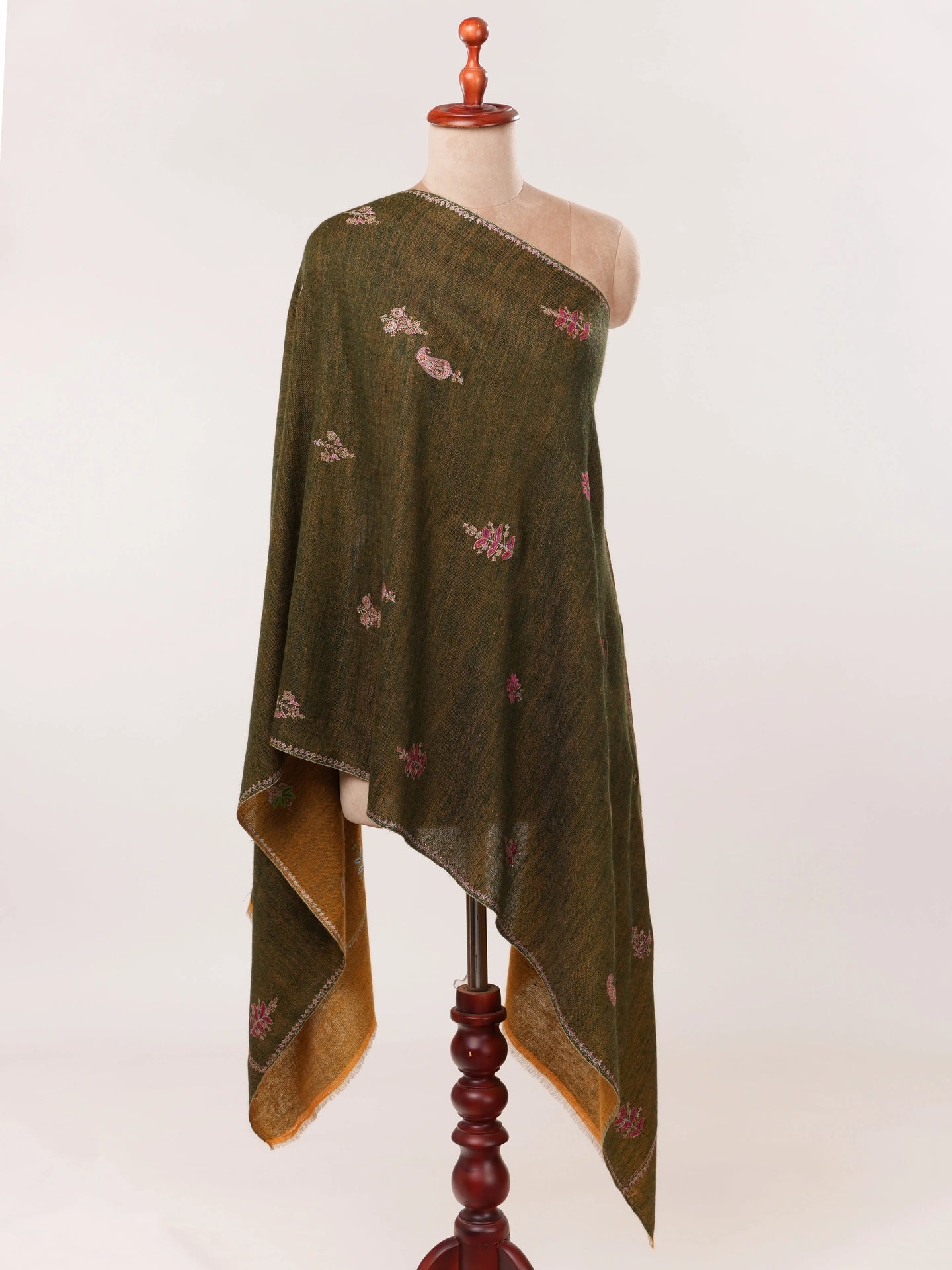 Dual Tone Mustard & Green Cashmere Scarf with Aksi Buteh Embroidery Shahkaar.com