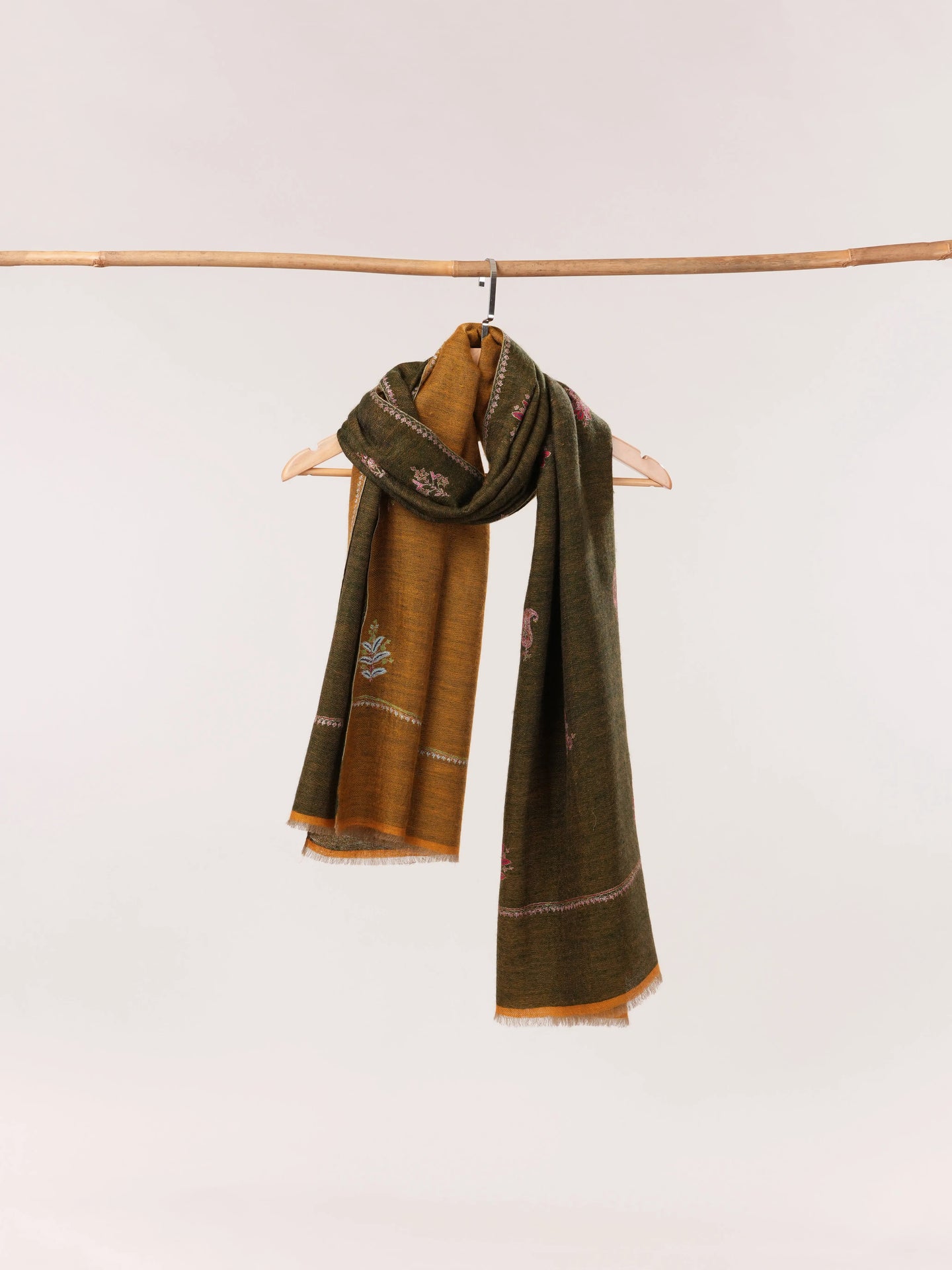 Dual Tone Mustard & Green Cashmere Scarf with Aksi Buteh Embroidery Shahkaar.com