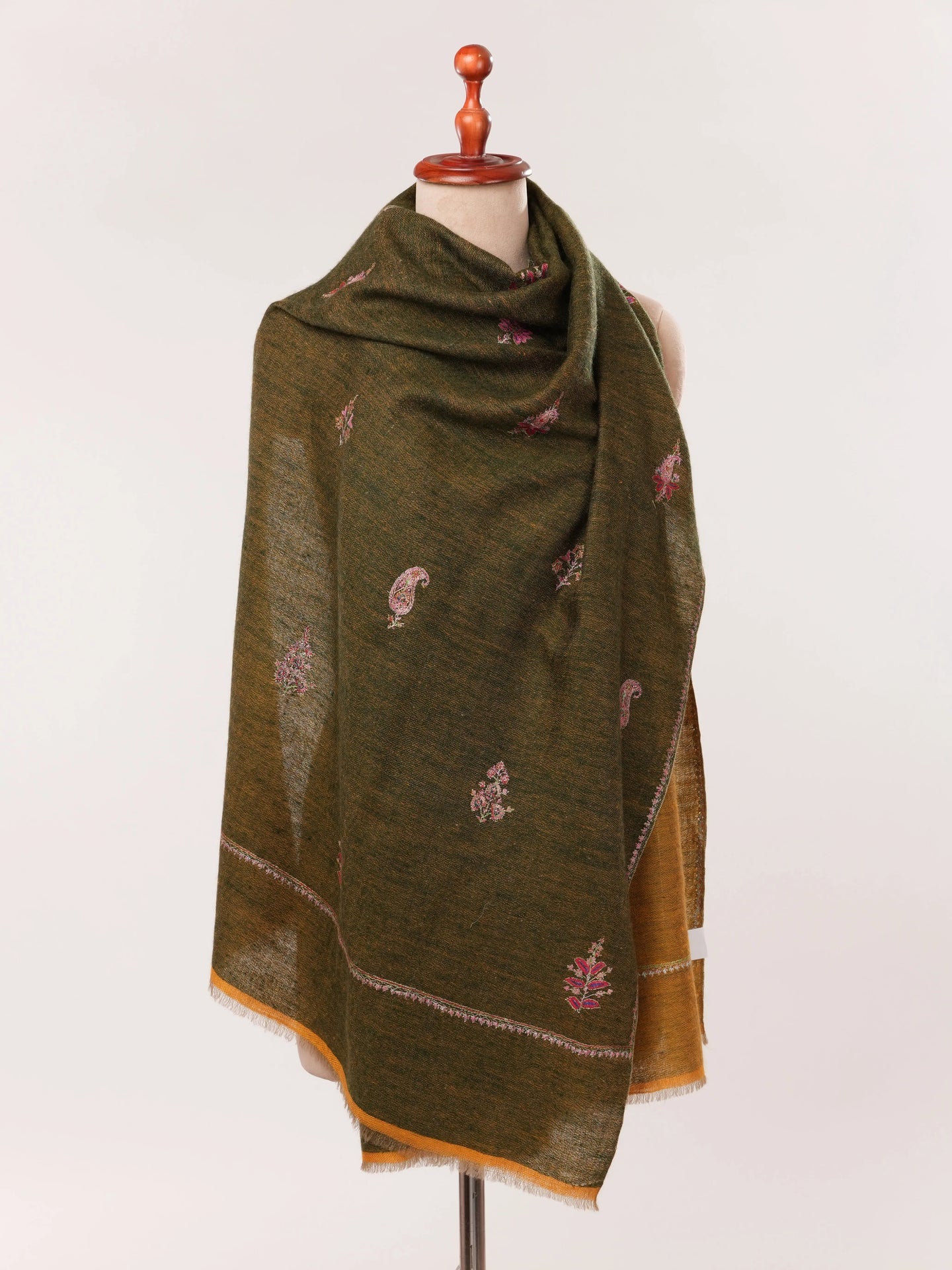 Dual Tone Mustard & Green Cashmere Scarf with Aksi Buteh Embroidery Shahkaar.com