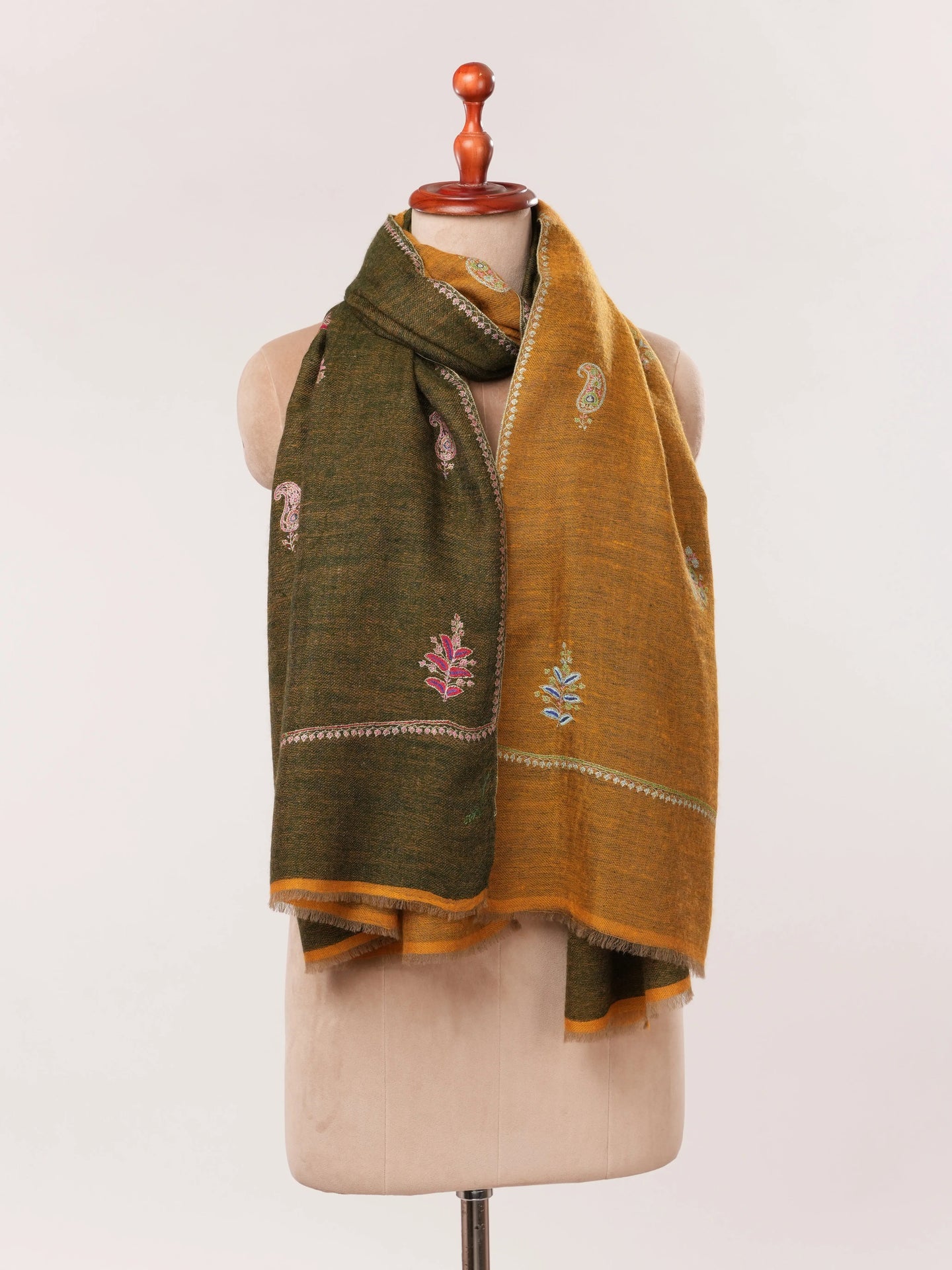 Dual Tone Mustard & Green Cashmere Scarf with Aksi Buteh Embroidery Shahkaar.com