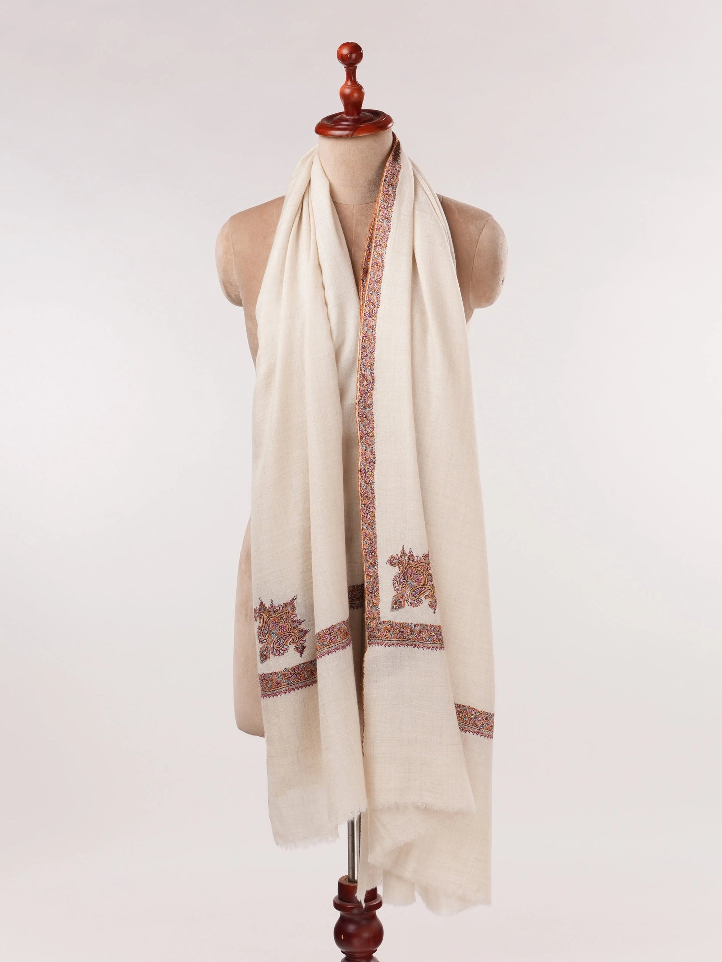 Natural White Pashmina Shawl with Classic Hashia Embroidery Shahkaar.com