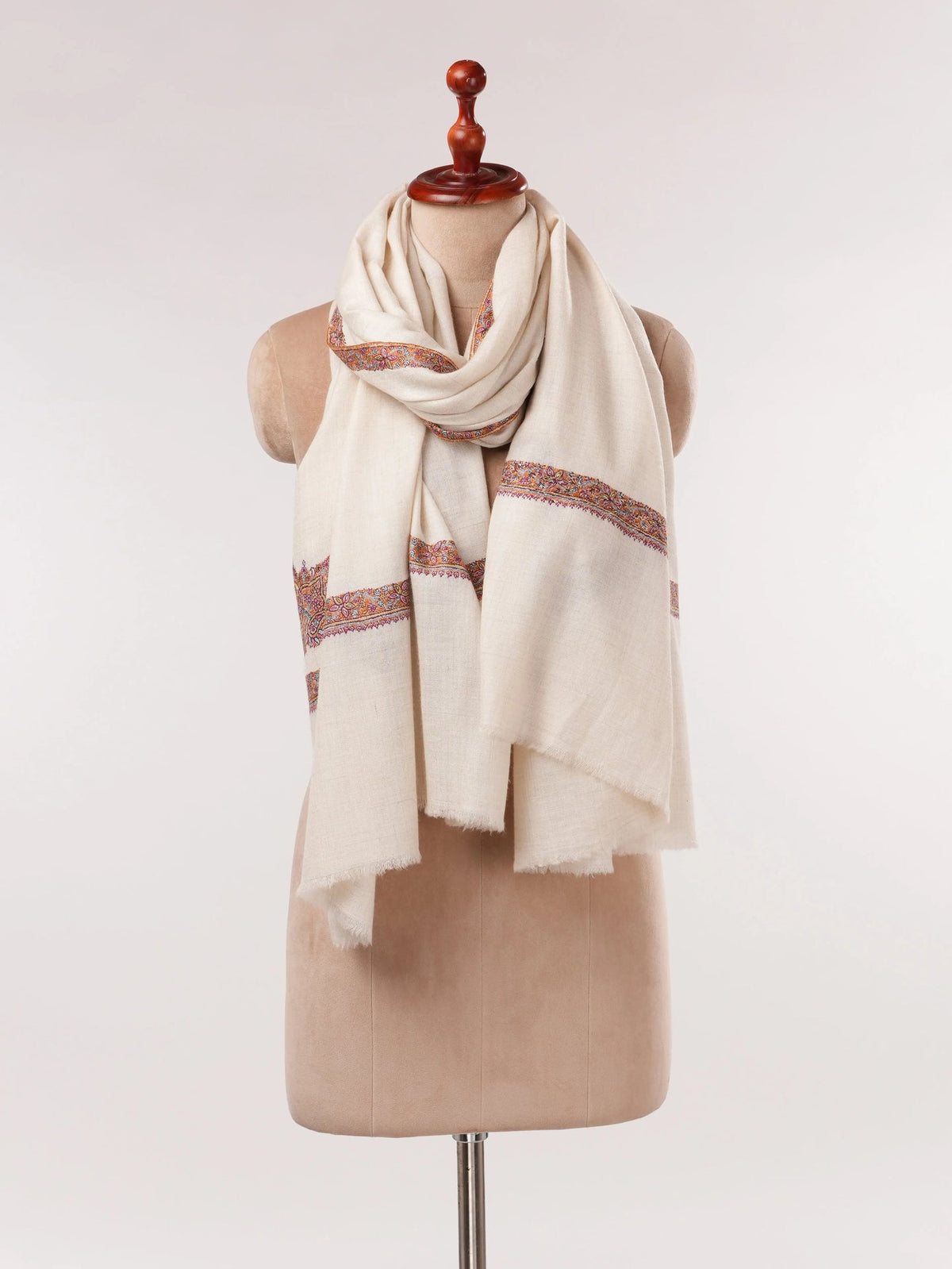Natural White Pashmina Shawl with Classic Hashia Embroidery Shahkaar.com