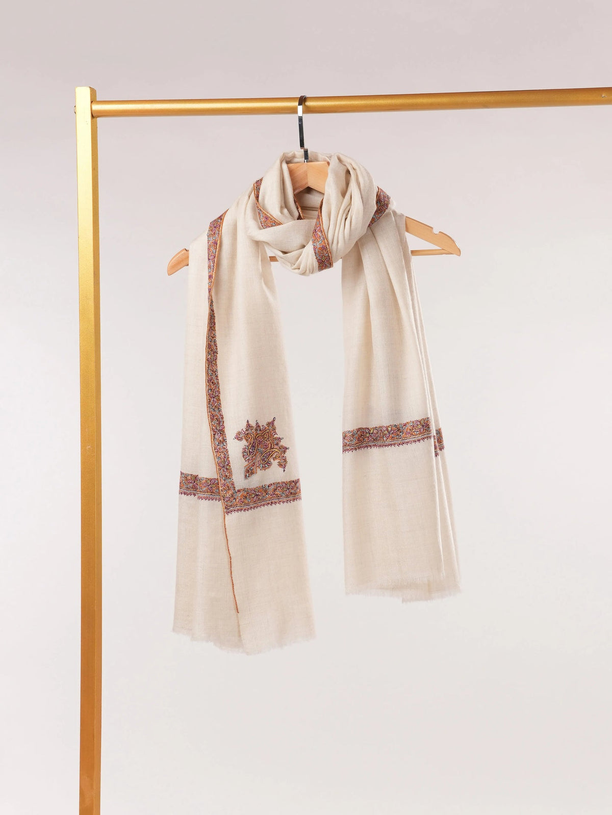Natural White Pashmina Shawl with Classic Hashia Embroidery Shahkaar.com