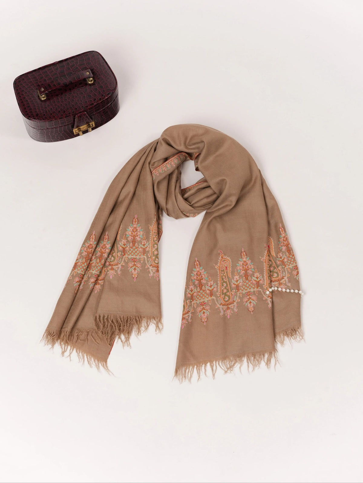 Kashmiri Shawl in Handwoven Beige Pashmina with Sozni Paisley Palldar Embroidery Shahkaar.com