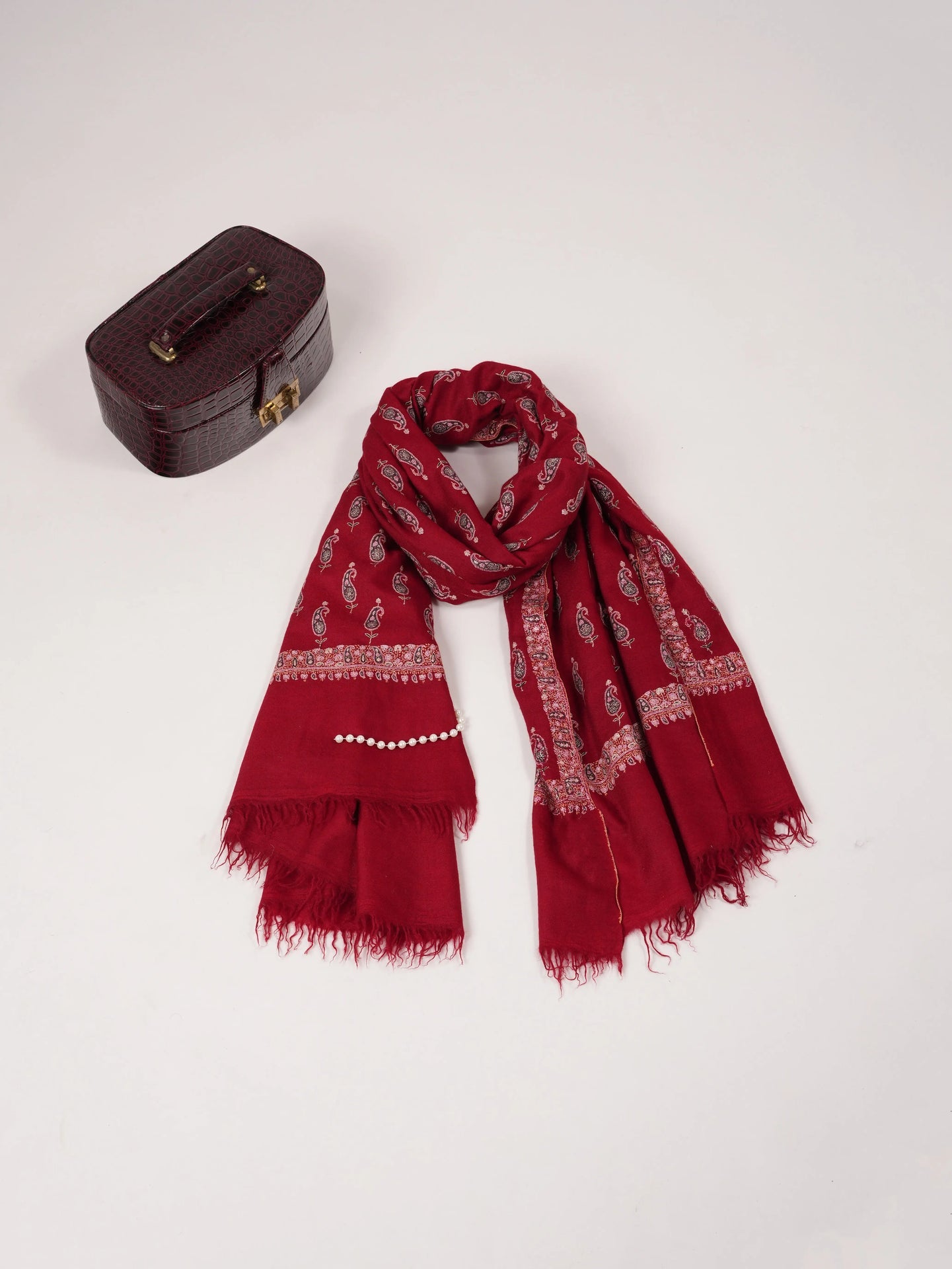 Maroon Pure Pashmina Shawl with Paisley Buteh Hand Sozni Embroidery Shahkaar.com