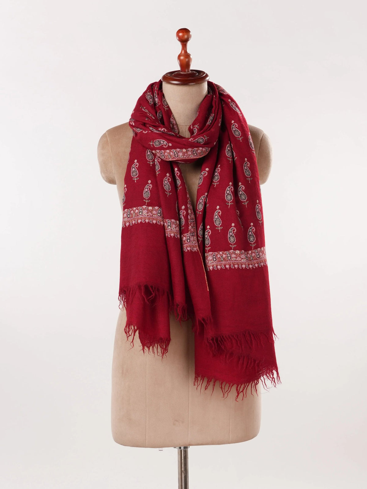 Maroon Pure Pashmina Shawl with Paisley Buteh Hand Sozni Embroidery Shahkaar.com