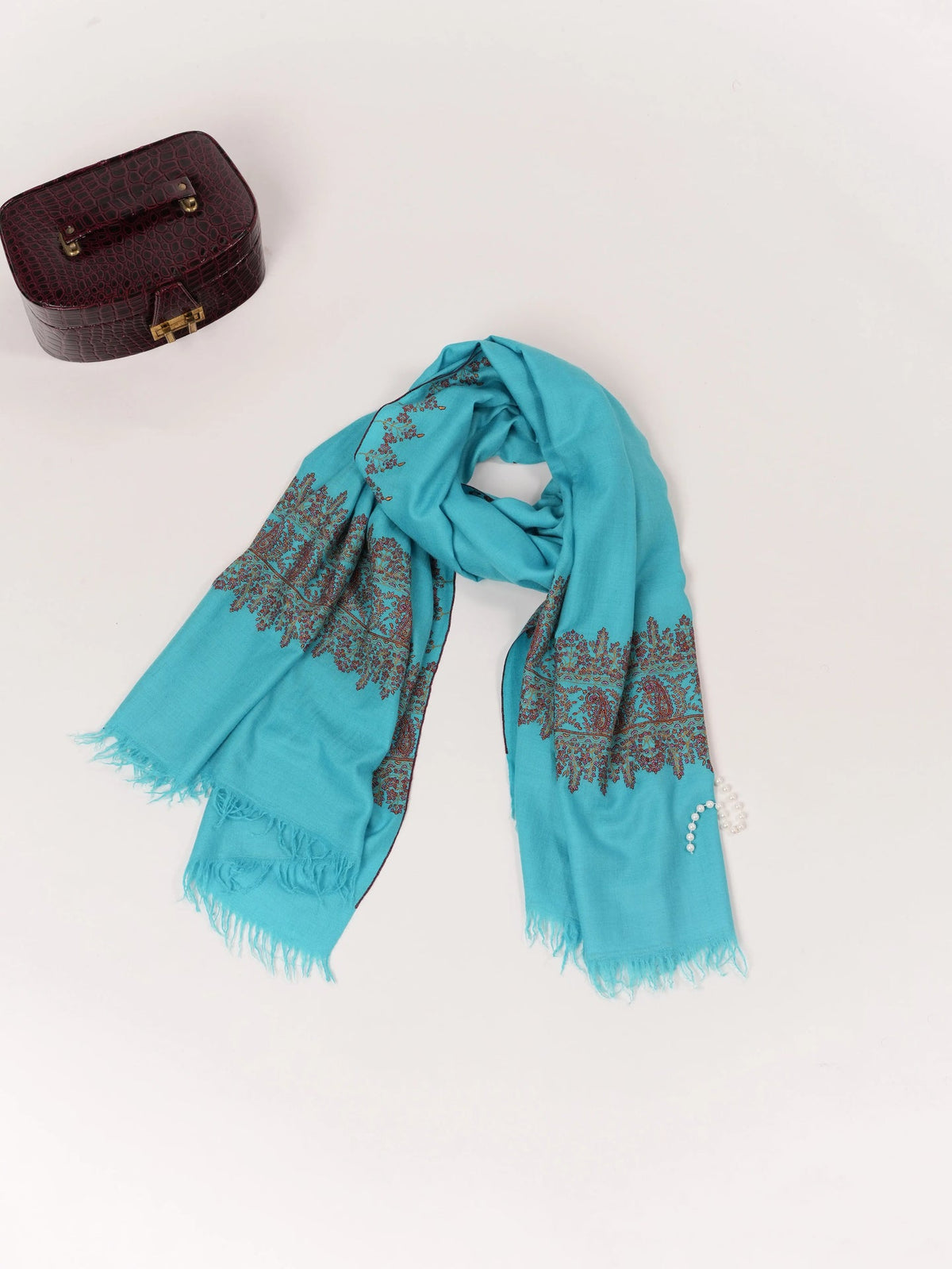 Turquoise Blue Handwoven Kashmiri Pashmina Shawl with Palldar Hand Sozni Embroidery Shahkaar.com