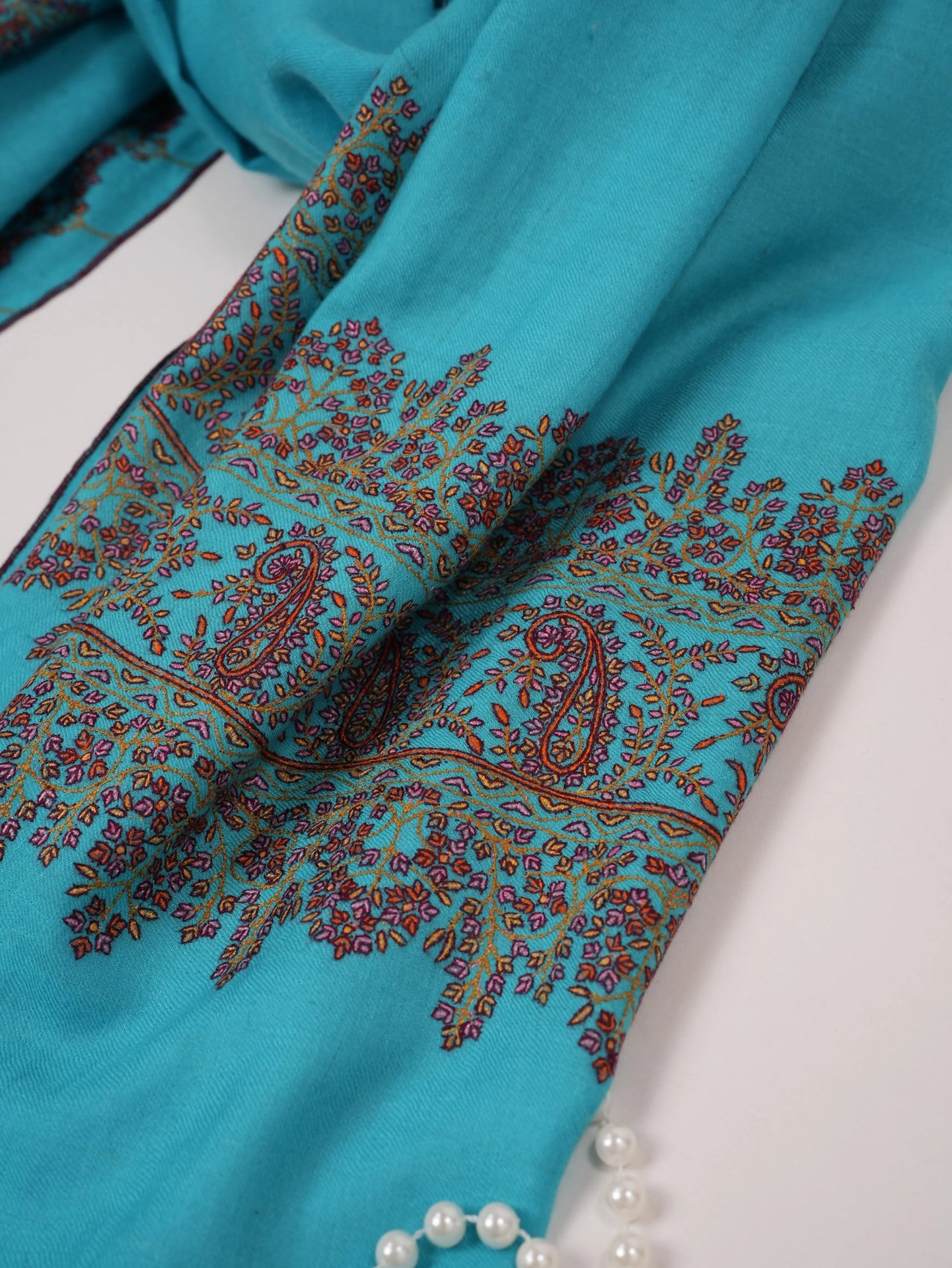 Turquoise Blue Handwoven Kashmiri Pashmina Shawl with Palldar Hand Sozni Embroidery Shahkaar.com