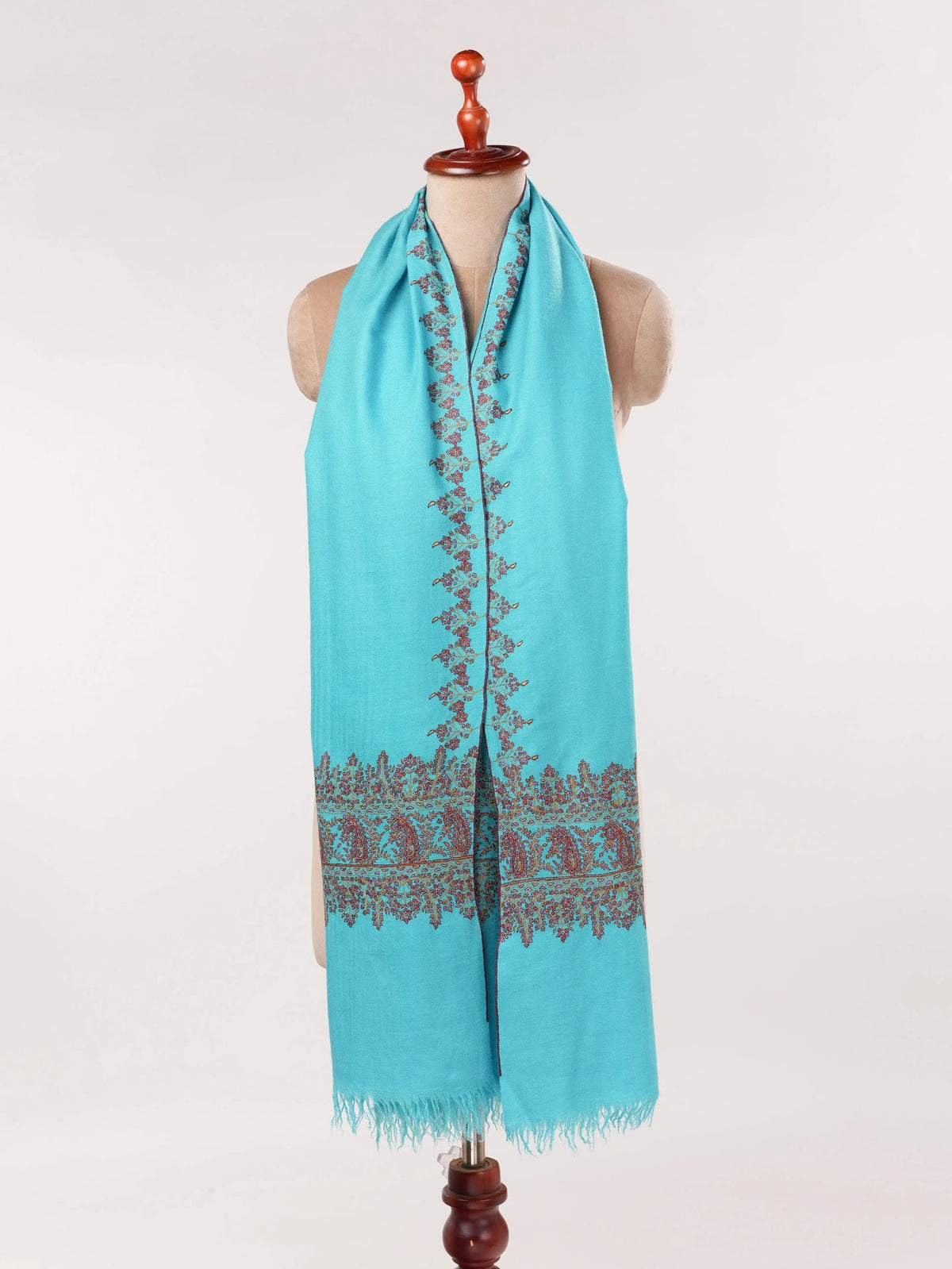 Turquoise Blue Handwoven Kashmiri Pashmina Shawl with Palldar Hand Sozni Embroidery Shahkaar.com
