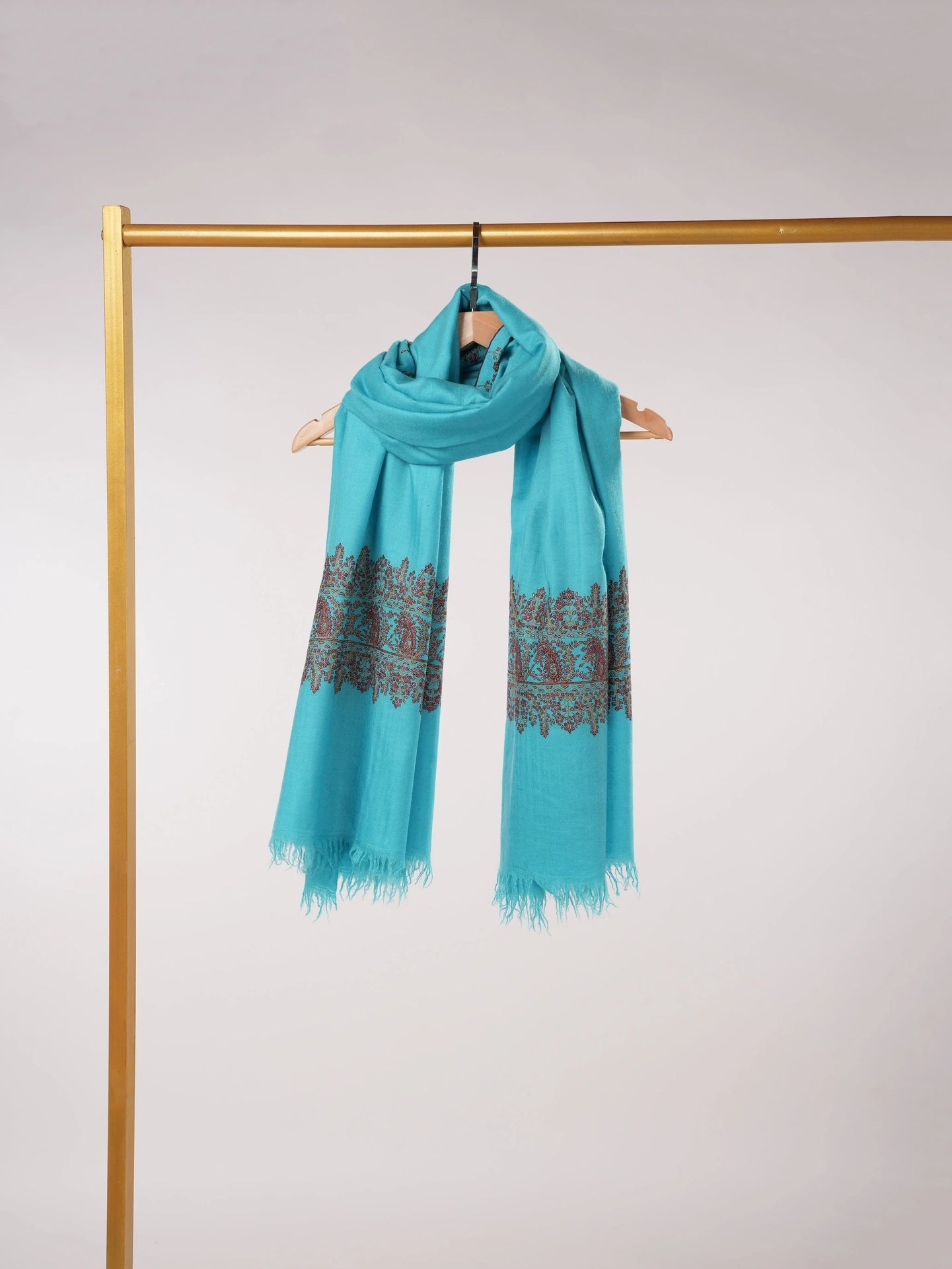 Turquoise Blue Handwoven Kashmiri Pashmina Shawl with Palldar Hand Sozni Embroidery Shahkaar.com
