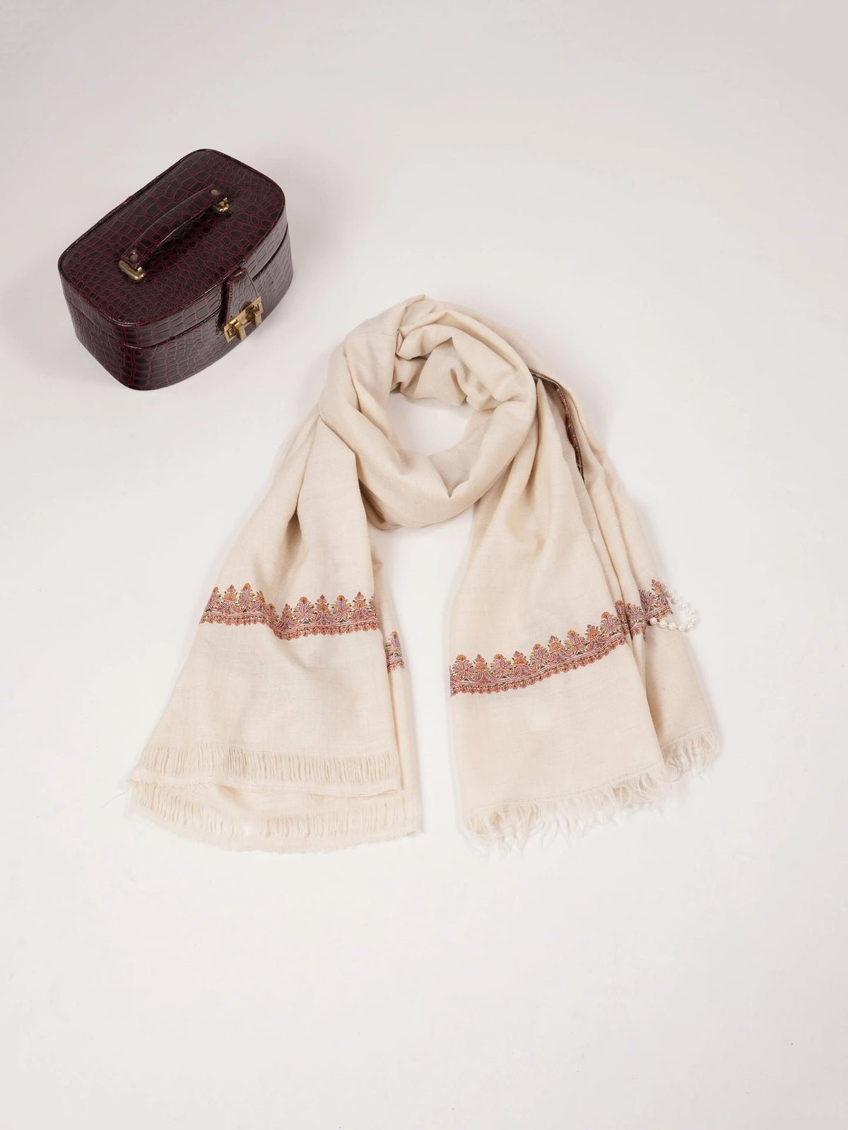 Natural White Pure Pashmina Shawl with Hashidar Sozni Embroidery Shahkaar.com