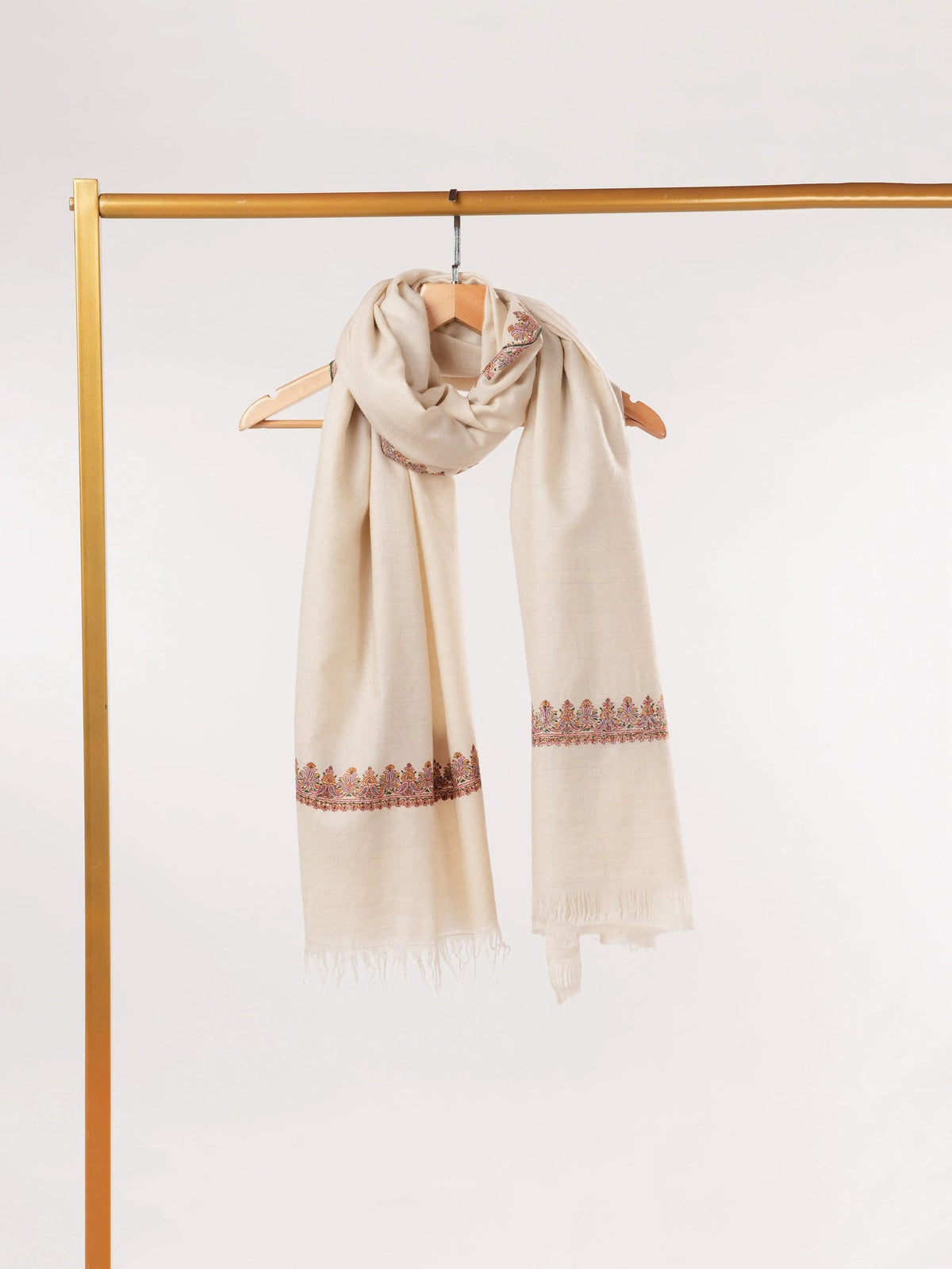 Natural White Pure Pashmina Shawl with Hashidar Sozni Embroidery Shahkaar.com