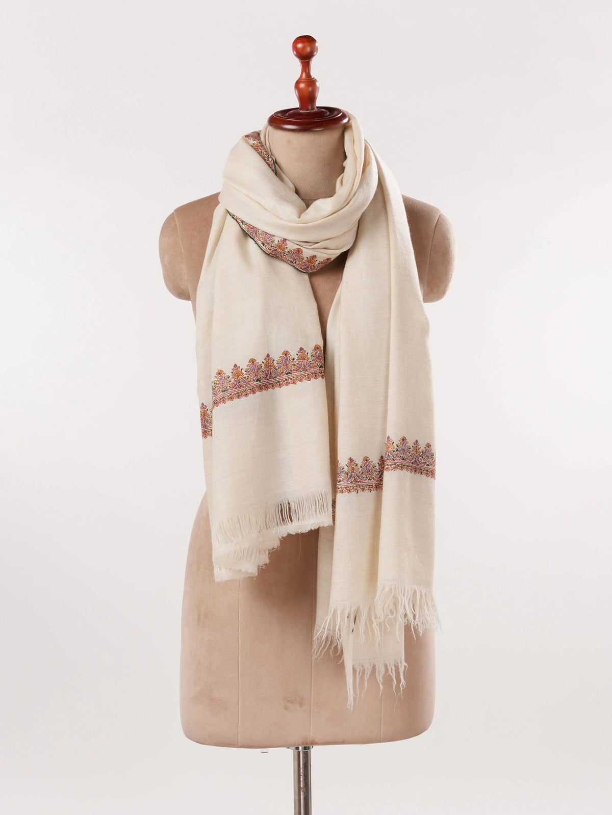 Natural White Pure Pashmina Shawl with Hashidar Sozni Embroidery Shahkaar.com
