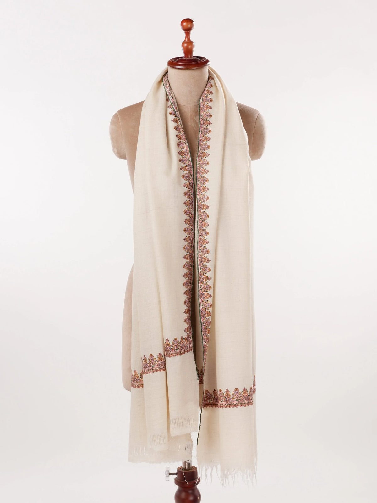 Natural White Pure Pashmina Shawl with Hashidar Sozni Embroidery Shahkaar.com