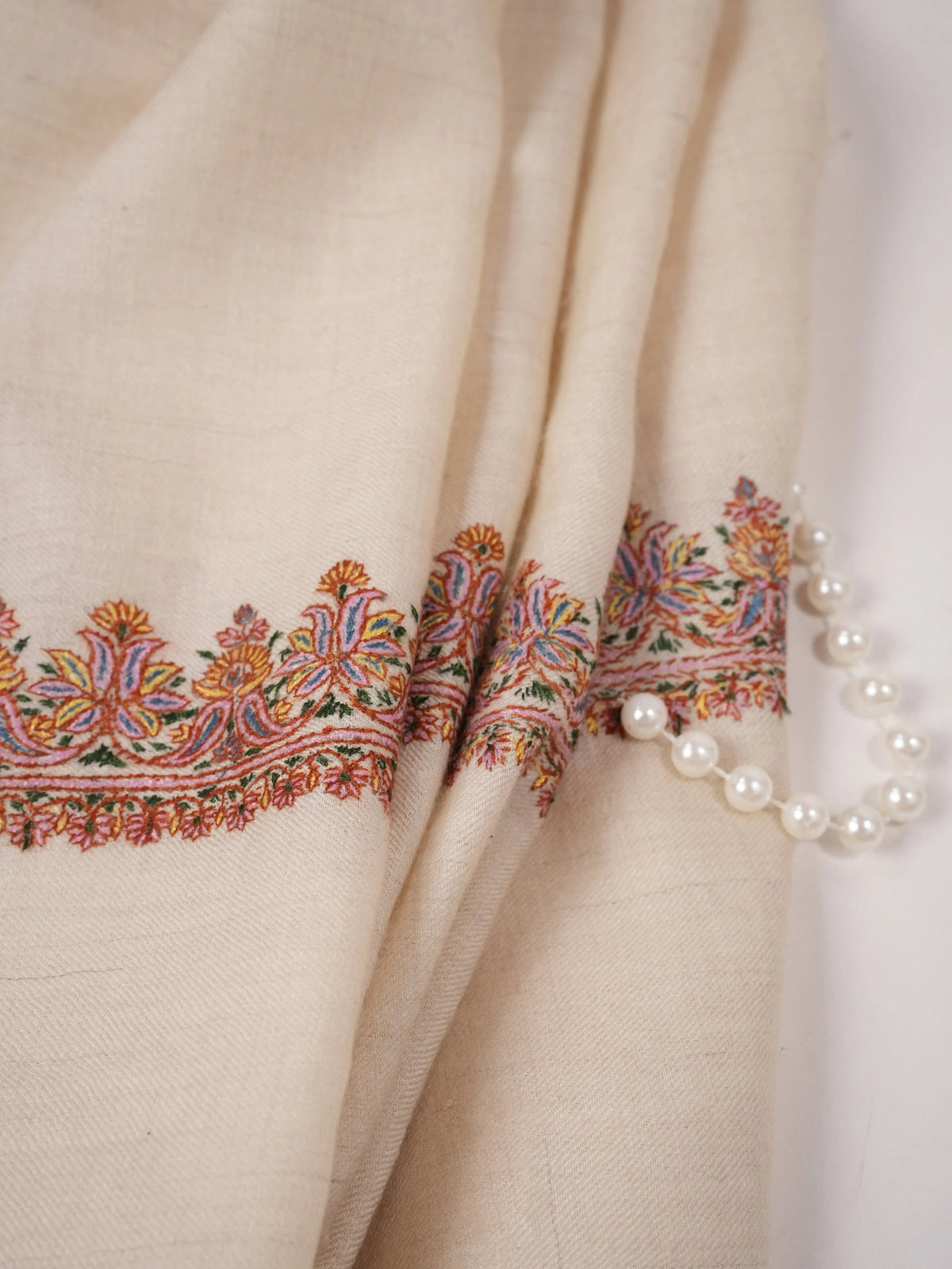 Natural White Pure Pashmina Shawl with Hashidar Sozni Embroidery Shahkaar.com