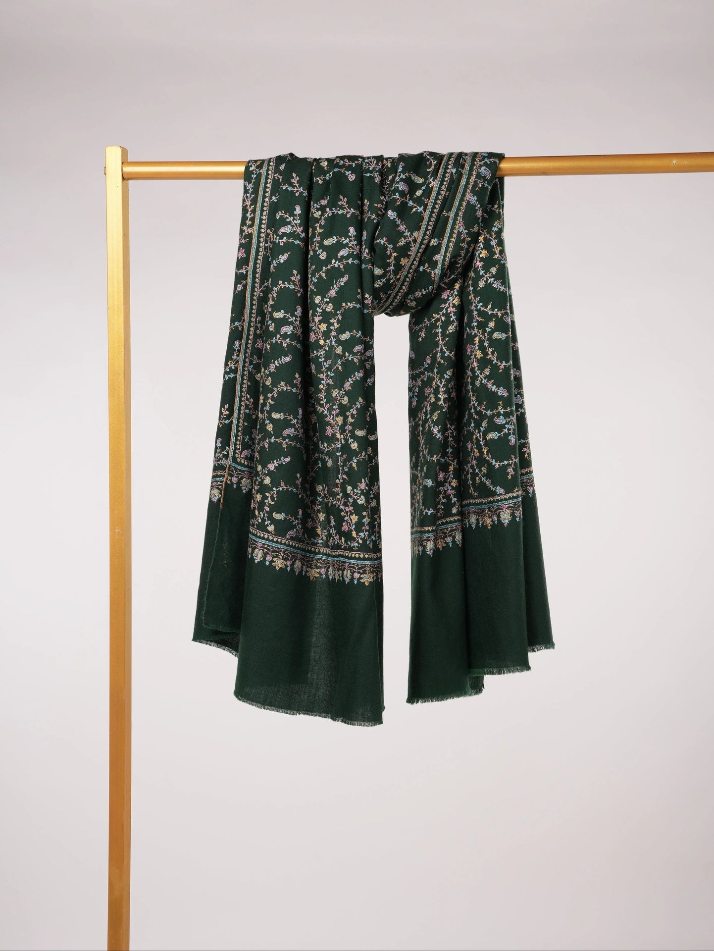 Forest Green Handwoven Kashmiri Jali Pashmina Shawl with Hand Sozni Embroidery Shahkaar.com