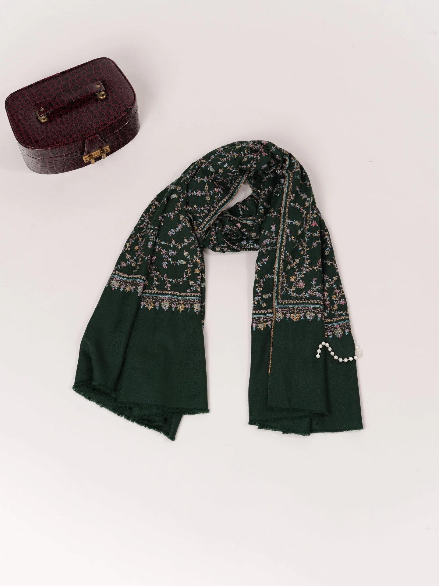 Forest Green Handwoven Kashmiri Jali Pashmina Shawl with Hand Sozni Embroidery Shahkaar.com