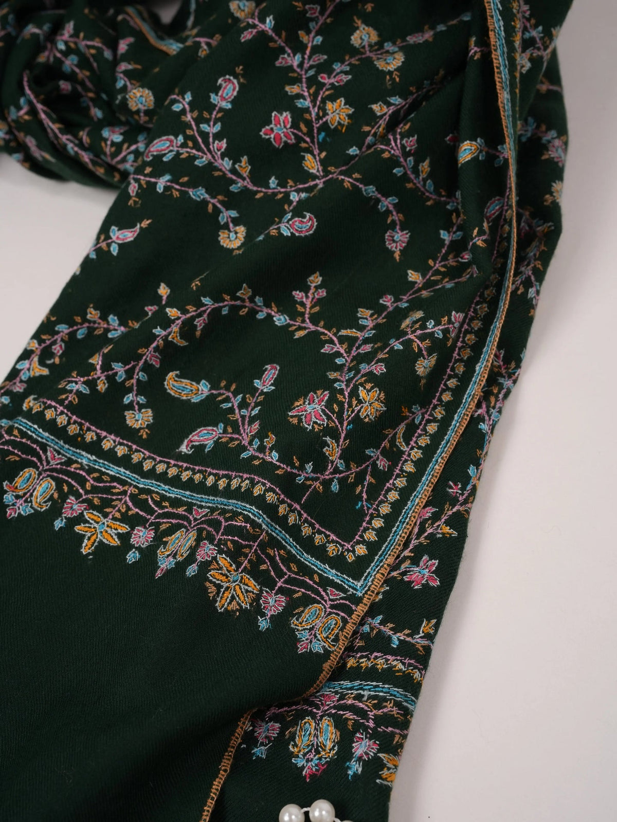 Forest Green Handwoven Kashmiri Jali Pashmina Shawl with Hand Sozni Embroidery Shahkaar.com
