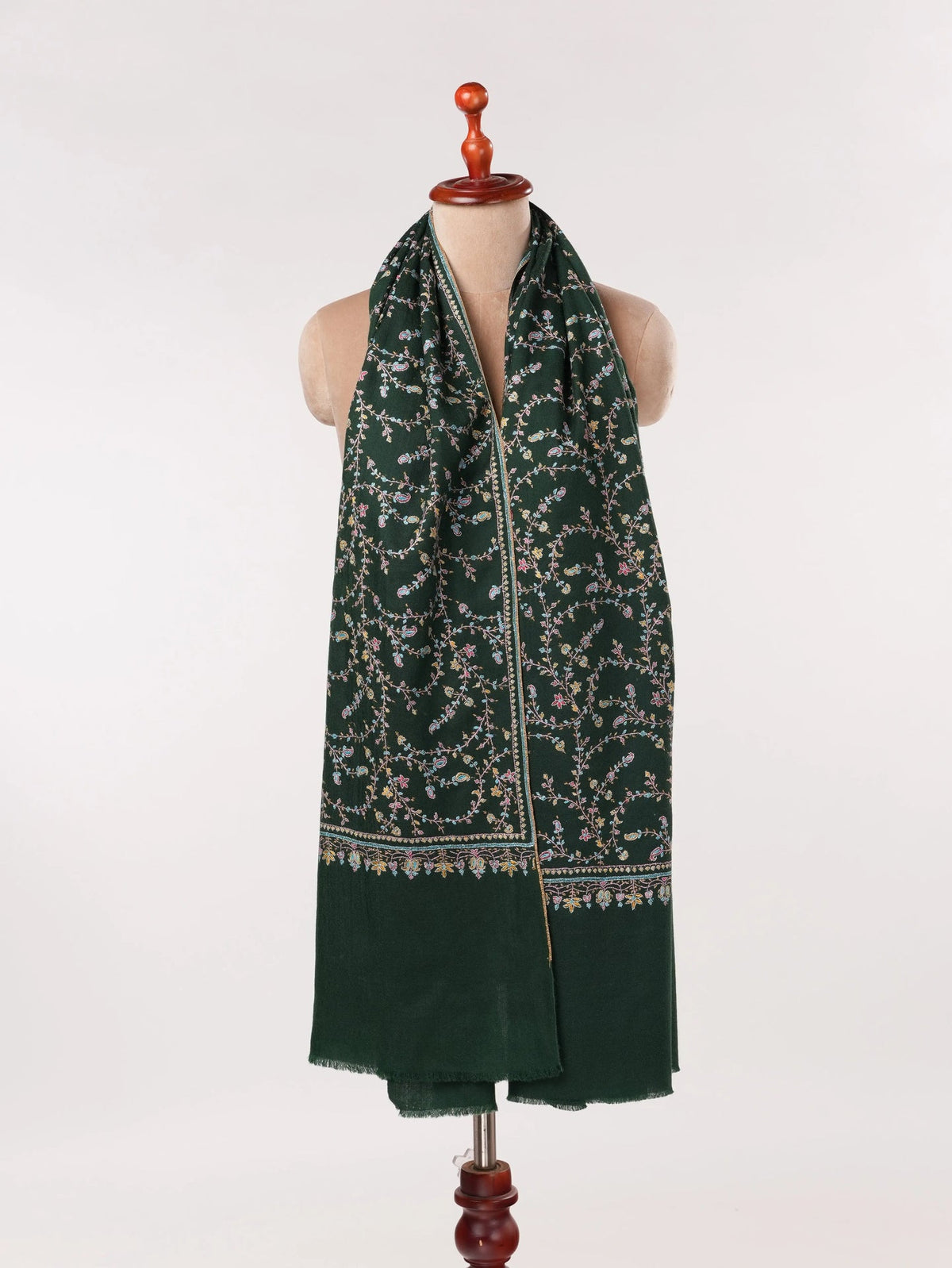 Forest Green Handwoven Kashmiri Jali Pashmina Shawl with Hand Sozni Embroidery Shahkaar.com