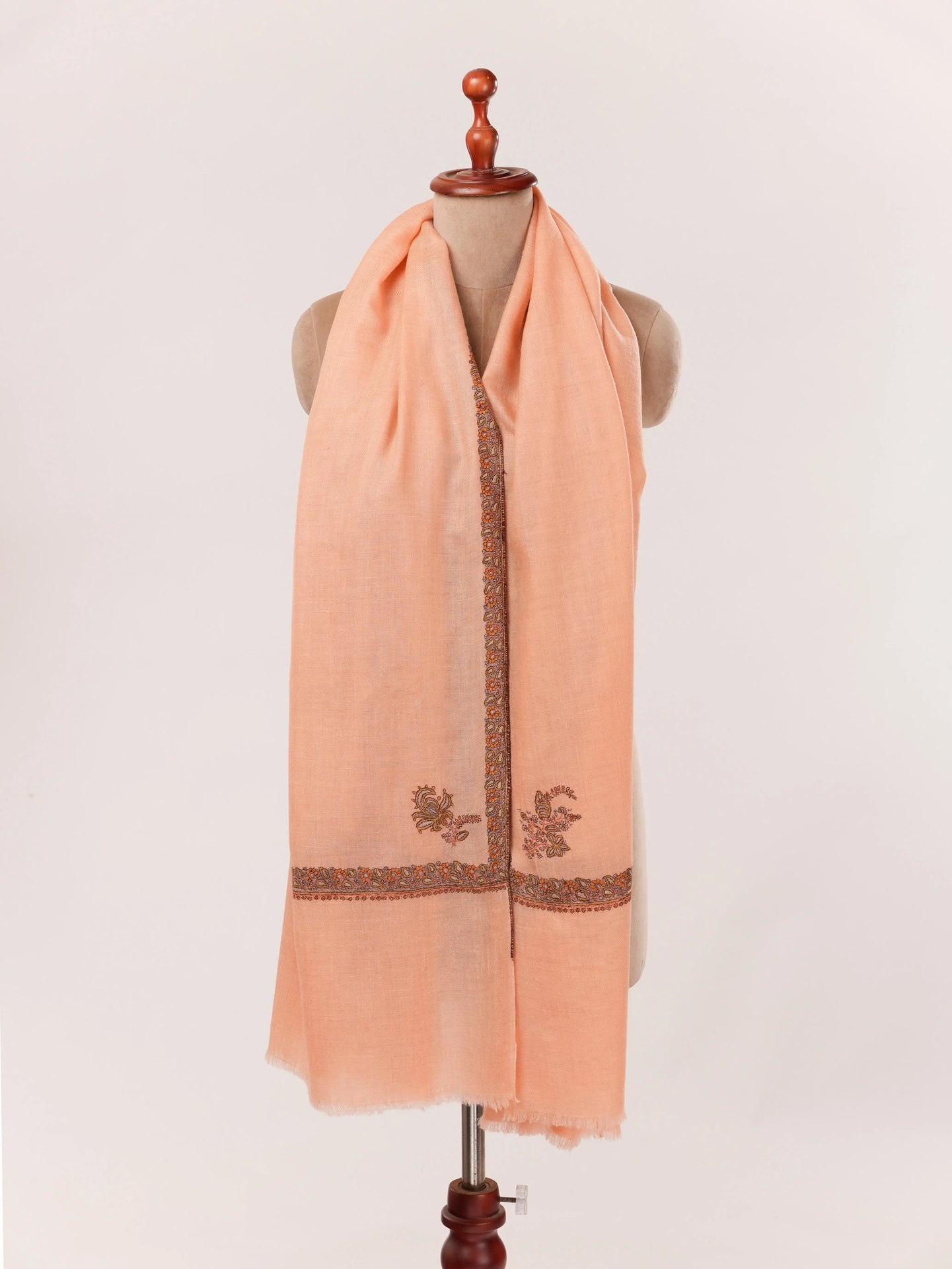 Peach Handwoven Kashmiri Pashmina Shawl with Hand Sozni Embroidery Shahkaar.com