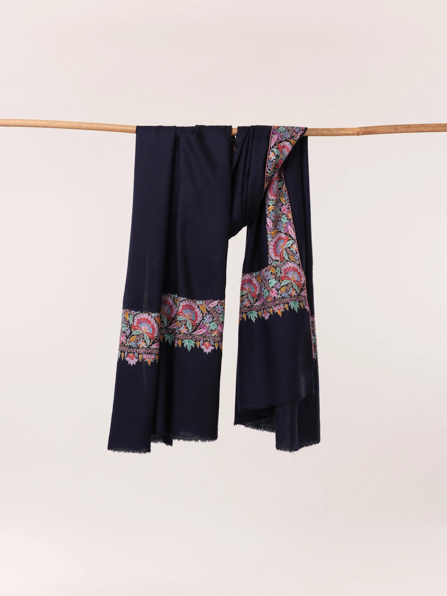 Handwoven Navy Blue Daurdar Shawl in Soft Pashmina from Kashmir Shahkaar.com